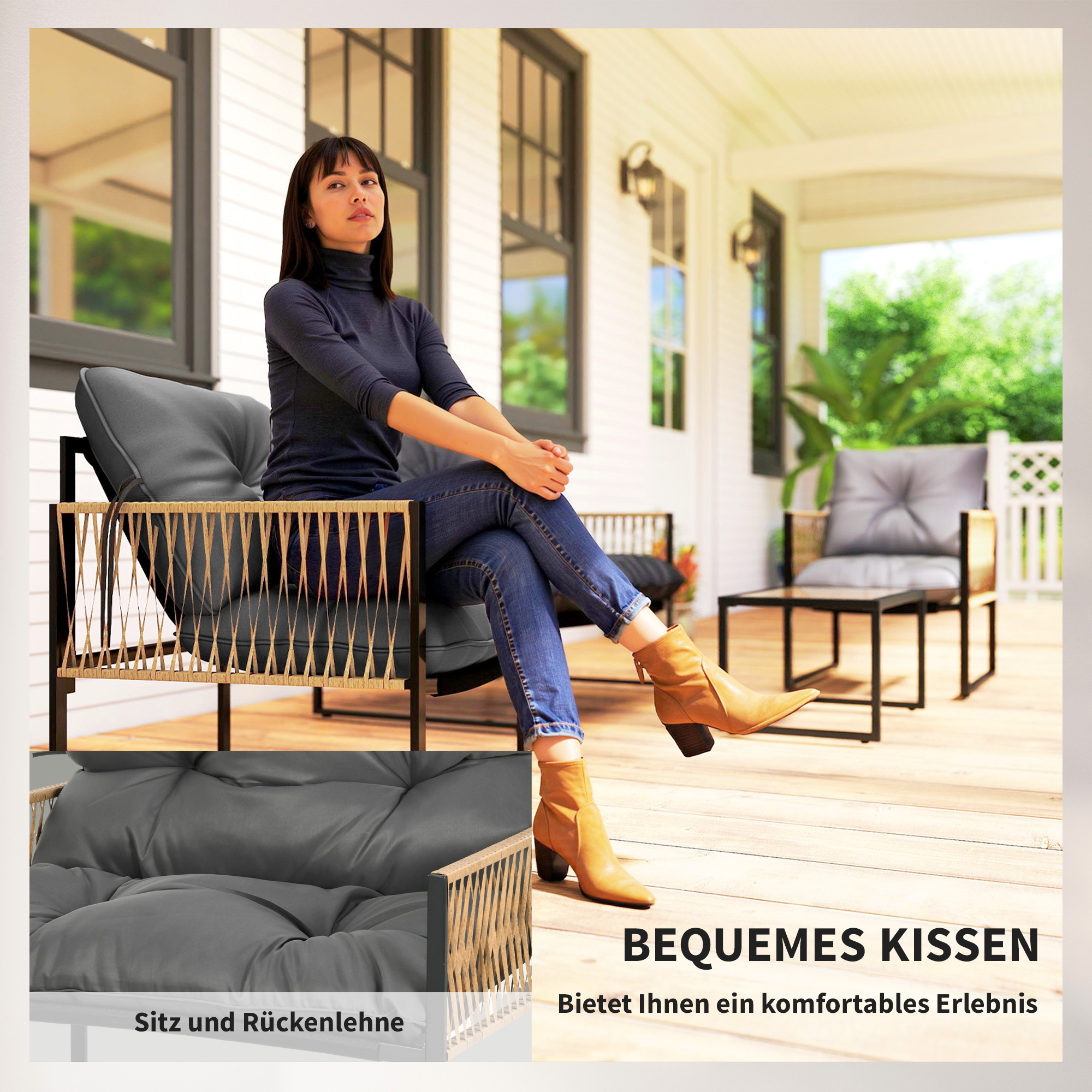 Gartenmöbel-Set, 4-teilig, Sofa, 2 Stühle, Tisch mit Glasplatte, Metallgestell, Polyrattan, Anthrazit