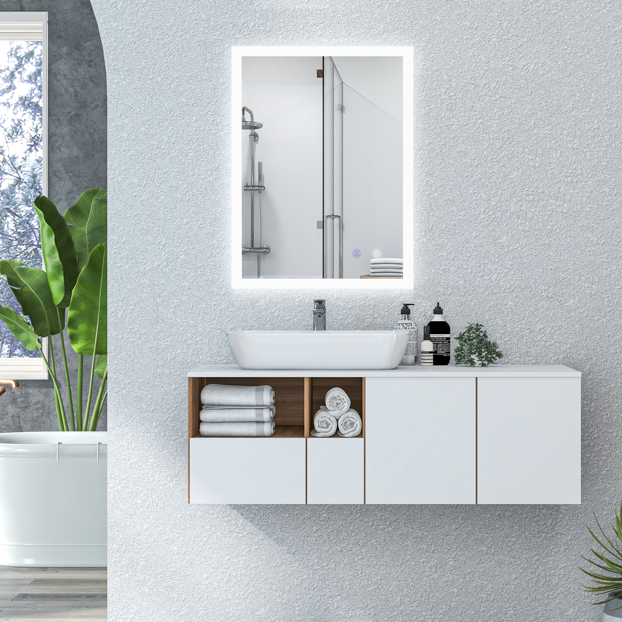 LED Badezimmerspiegel, Hintergrundbeleuchtung, Touch-Funktion, Memory-Funktion, kein Beschlagen, 80 x 60 cm