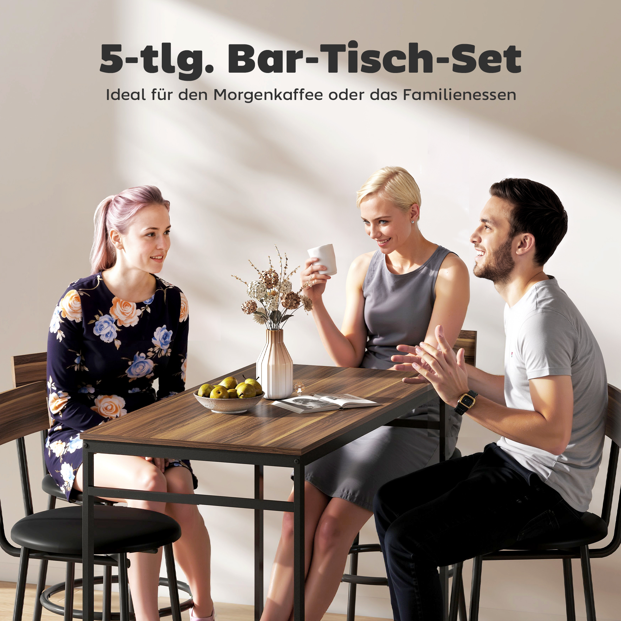 5-teiliges Bartisch-Set mit 4 Stühlen, Industrielles Design, für Küche, Esszimmer, Holz, Stahl, Braun