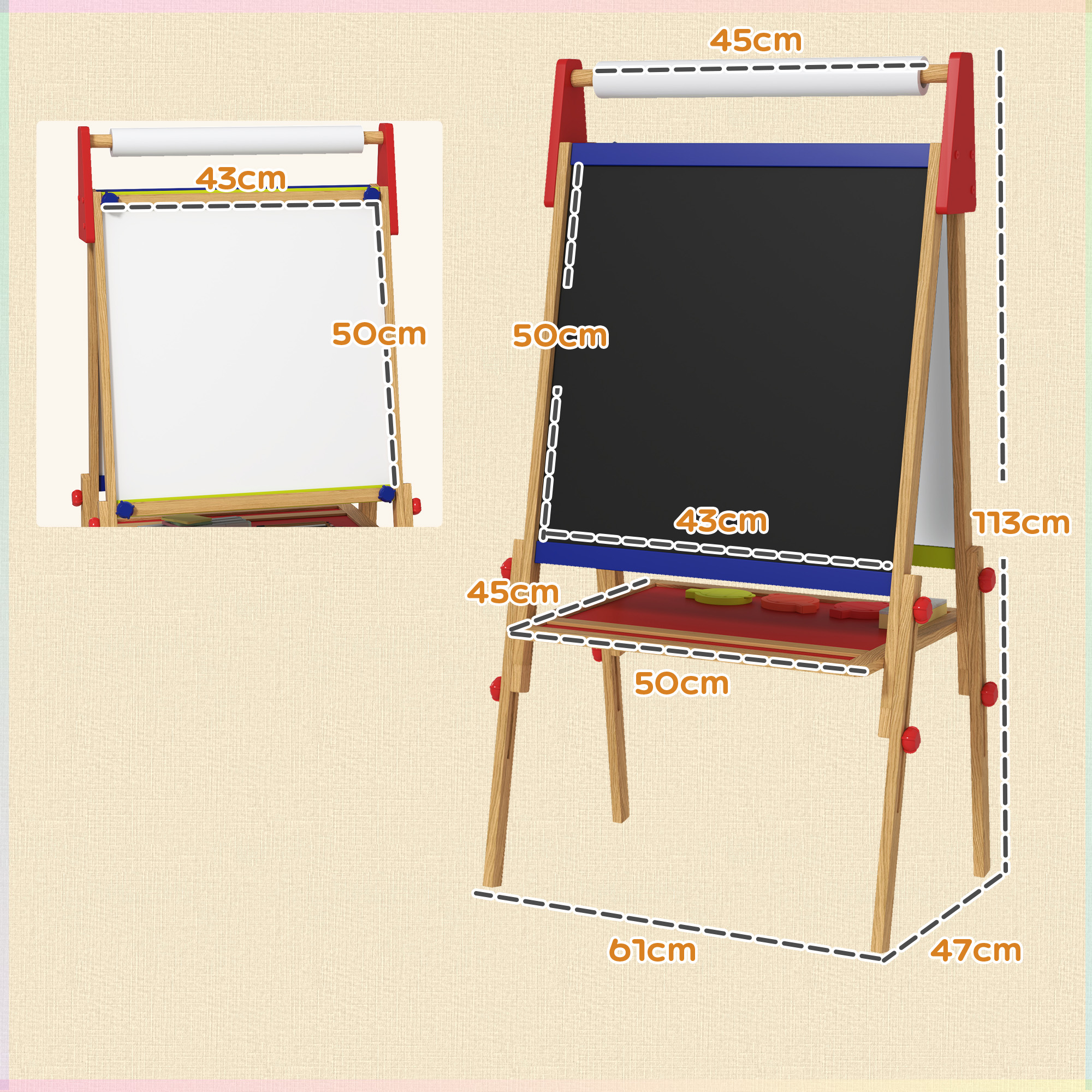 3-in-1 Kindermalstaffelei, Kreidetafel, Whiteboard, Papierrolle, inklusive Zubehör, Kiefernholz, verstellbar