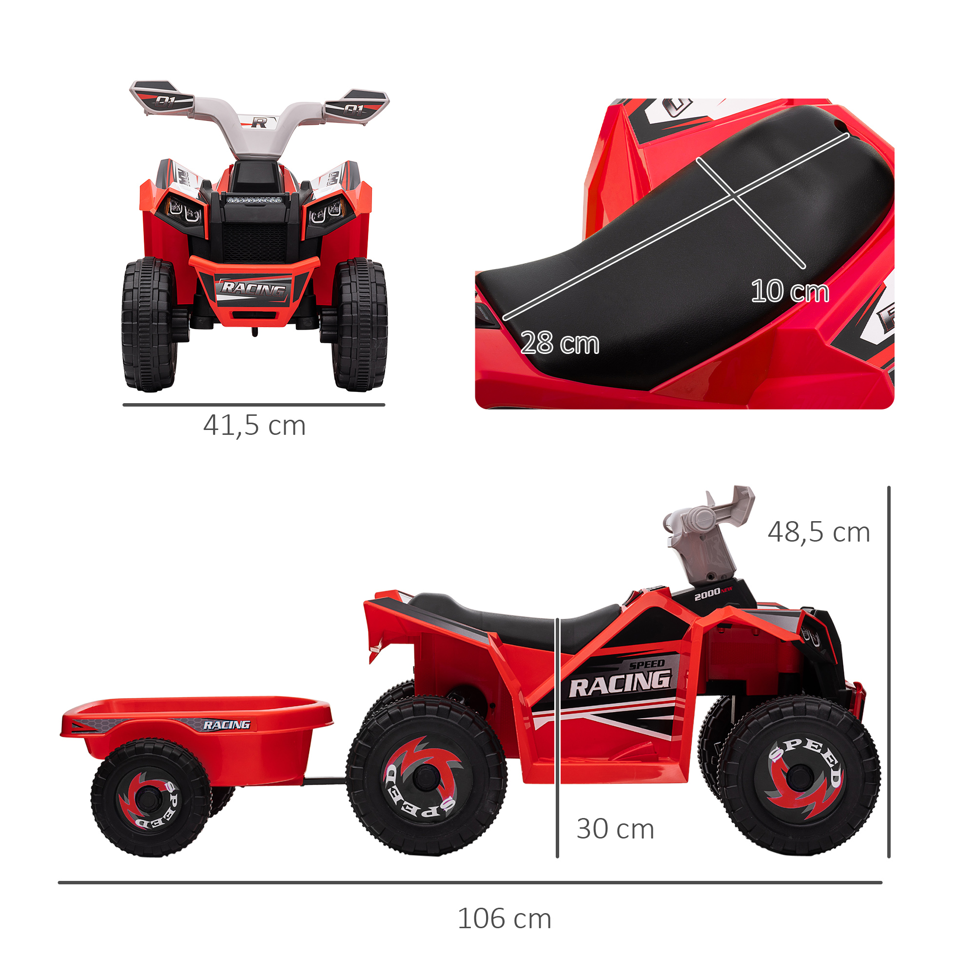 Kinderquad mit Anhänger, 2,5 km/h, 50 Minuten Fahrtzeit, für 1,5 bis 3 Jahre, bis 25 kg, Rot