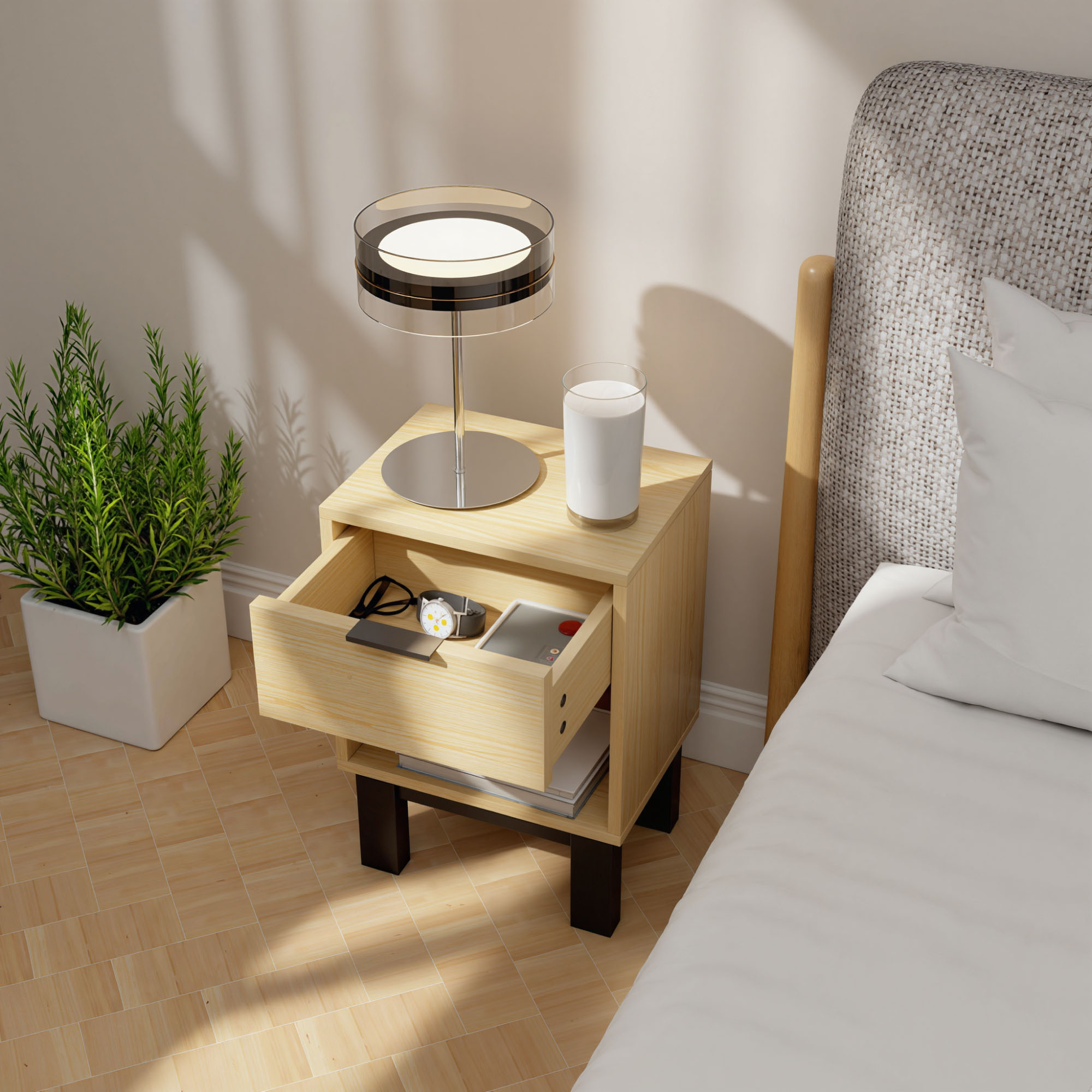 Nachttisch, Nachtschrank mit Schublade, offenes Fach, Nachtkommode für Schlafzimmer, Wohnzimmer, 35 x 26 x 50 cm, Eiche