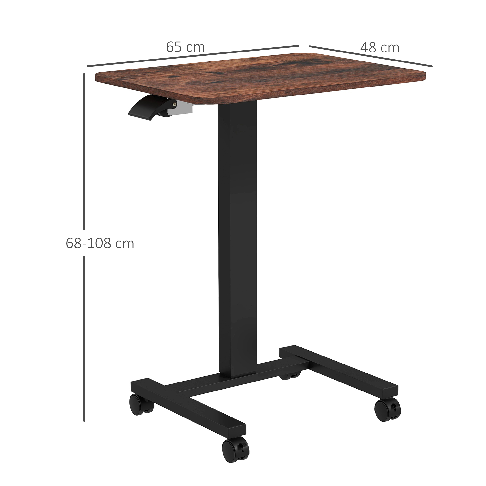 Stehpult Stehtisch, Laptoptisch, höhenverstellbar, 4 Rollen, 65 cm x 48 cm x 108 cm, Braun + Schwarz