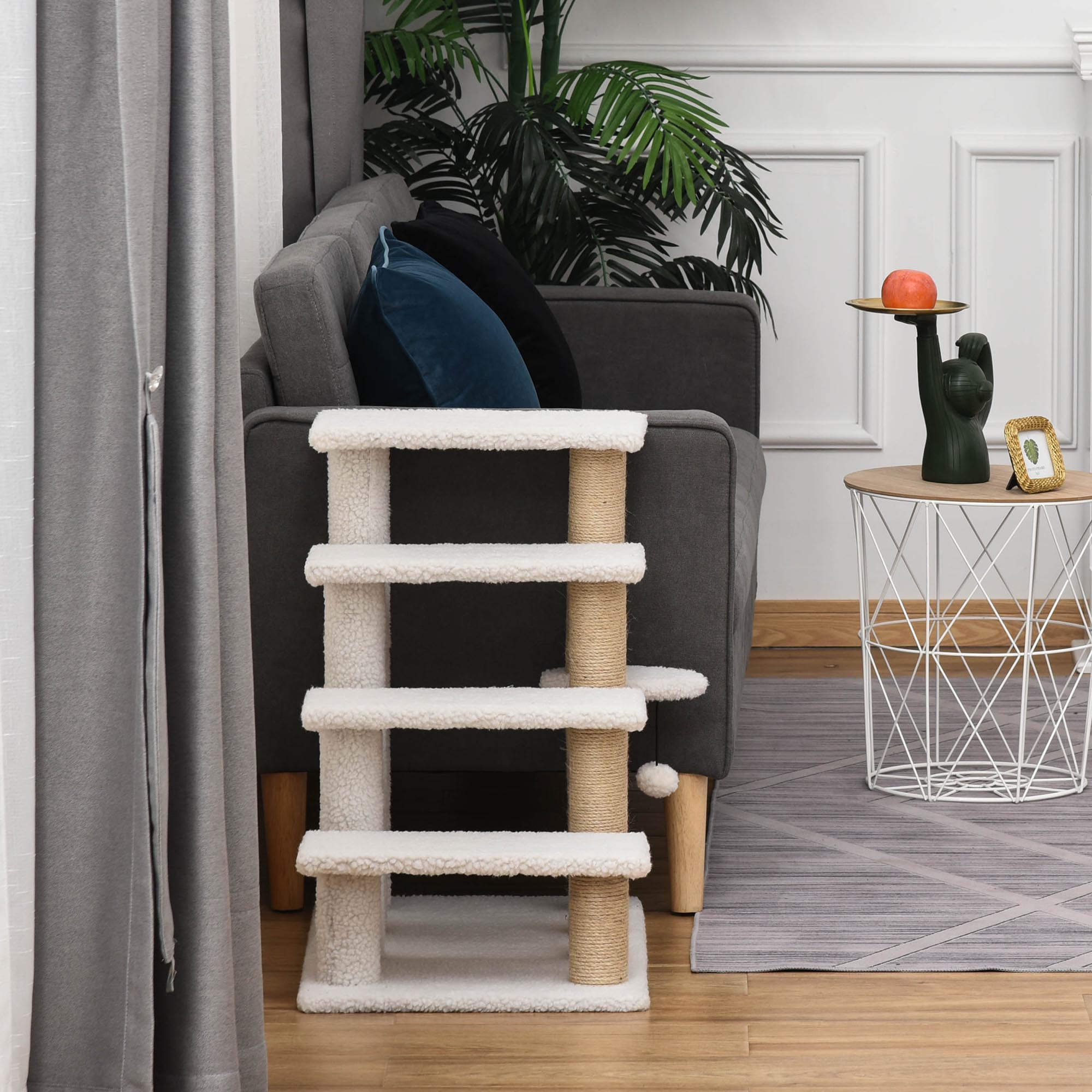 Katzentreppe 4-stufige Haustiertreppe mit Kratzsäulen Ball Hundetreppe Tiertreppe für Katzen bis 5 kg Plüsch Jute Weiß 60 x 40 x 64 cm