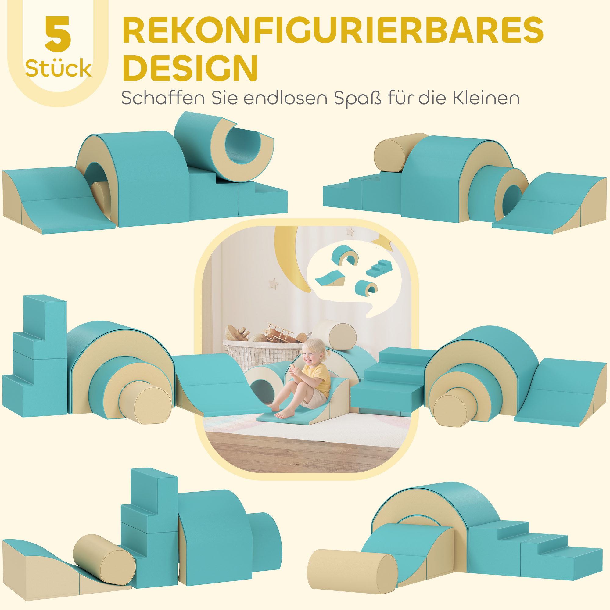 5-teiliges Softbaustein-Set für Babys & Kleinkinder, Schaumstoff, Kunstleder, 5 kreative Formen, Indoor-Set zum Klettern, Krabbeln, Spielen, Grün