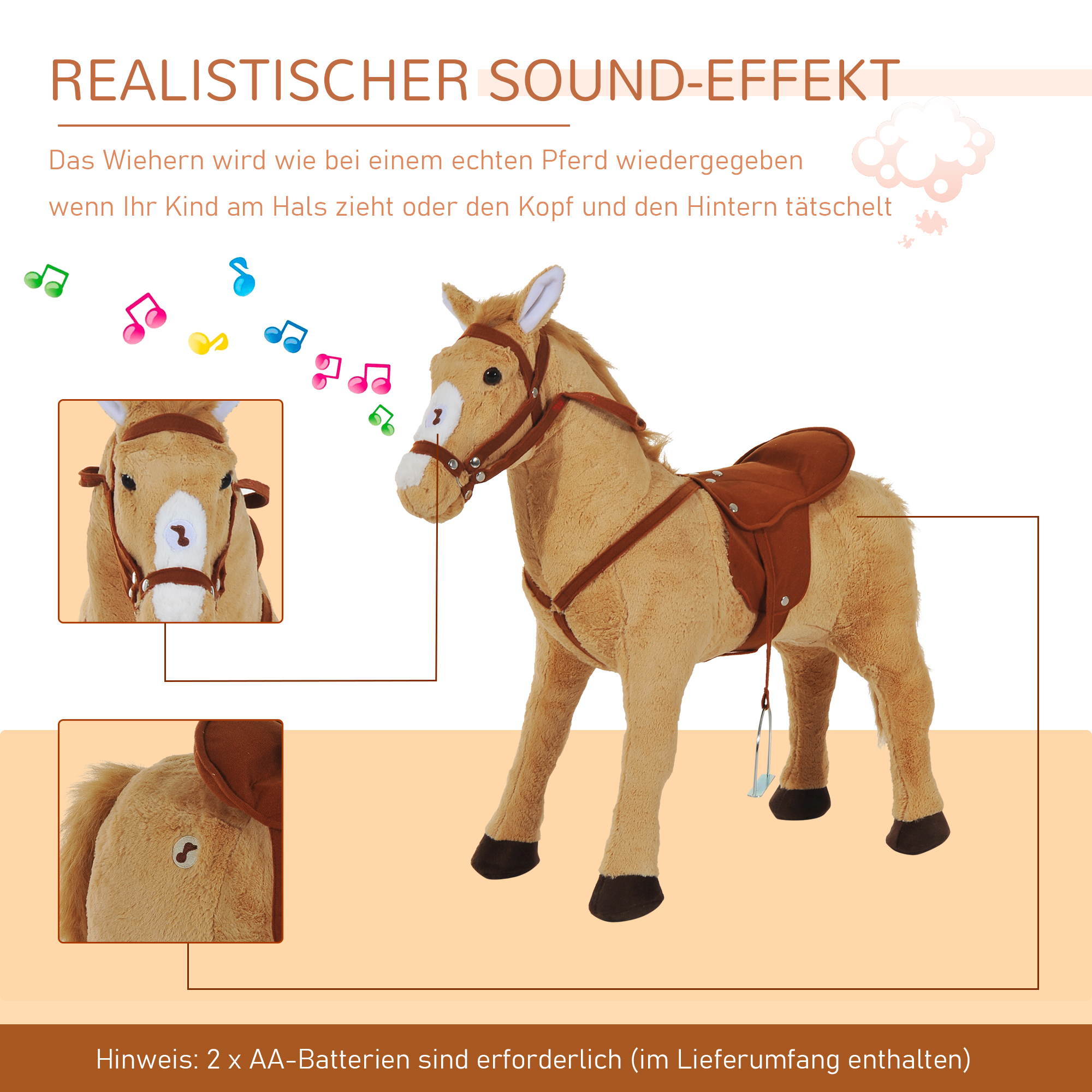 Reitpferd auf Rollen 60 cm Stehpferd mit Sattel, Zaumzeug Steigbügel Sound Spielpferd zum Reiten Draufsitzen Schaukeltier für Kinder ab 2 Jahre, Schaukelpferd Plüschpferd Indoor Outdoor Beige