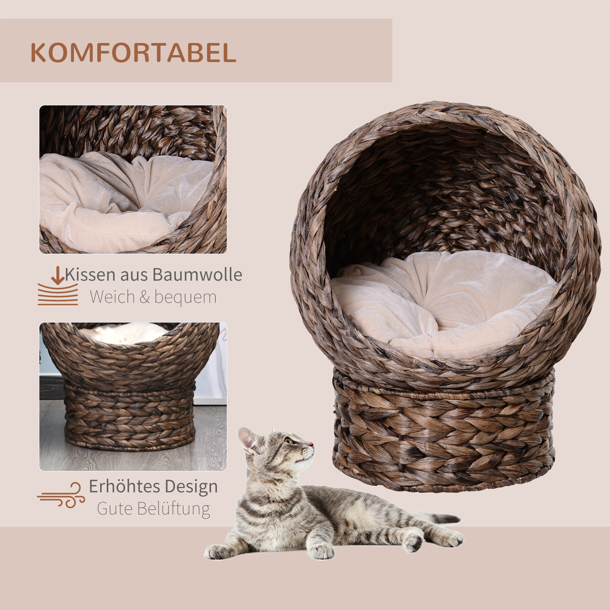 Katzenkorb aus Wasserhyazinthe inkl, Kissen, Katzenbett, Haustierbett,50 cm x 42 cm x 60 cm, Braun + Beige
