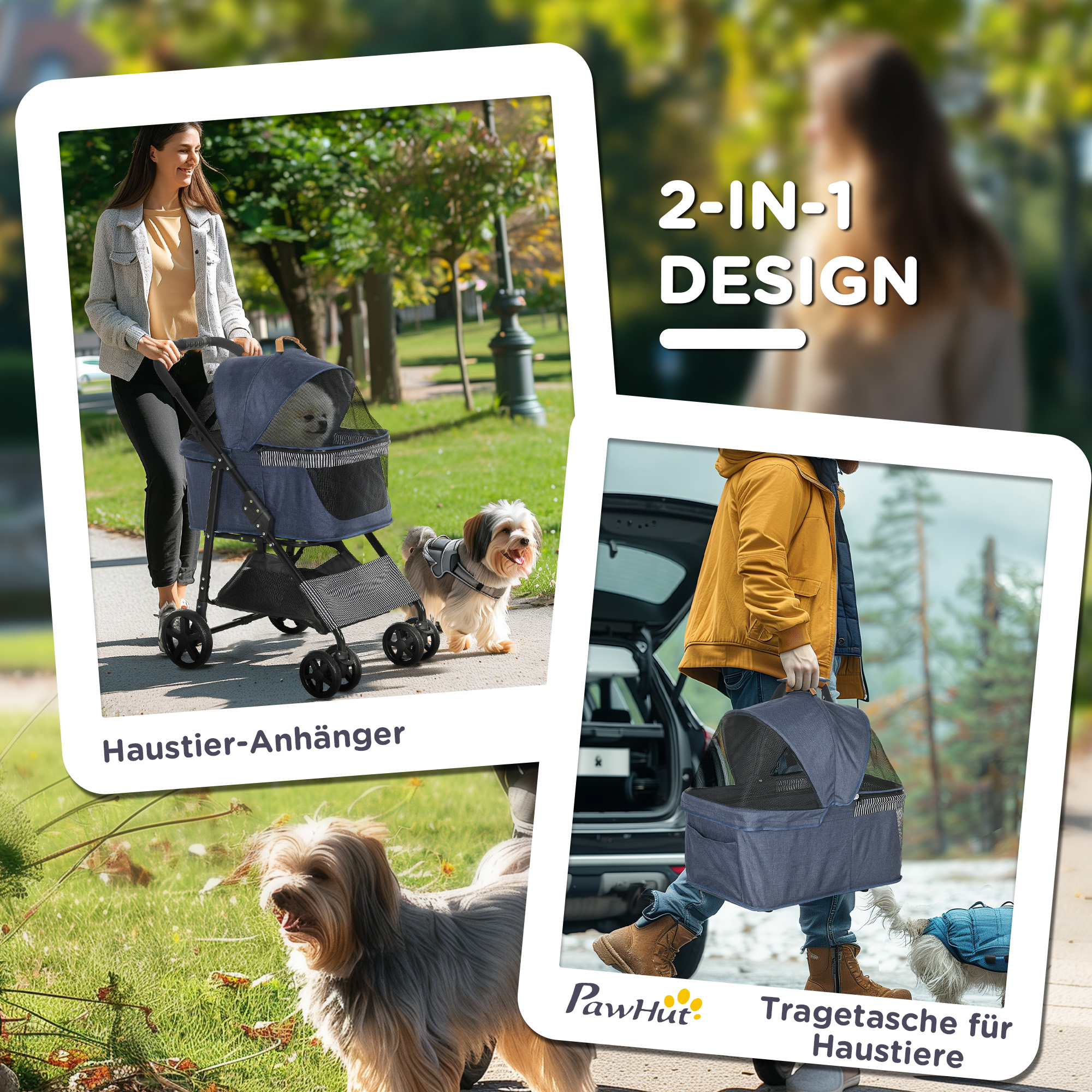 2-in-1 Hundebuggy, abnehmbare Transporttasche, klappbarer Metallrahmen, 77,5 x 51 x 99,5 cm, Dunkelblau+Schwarz
