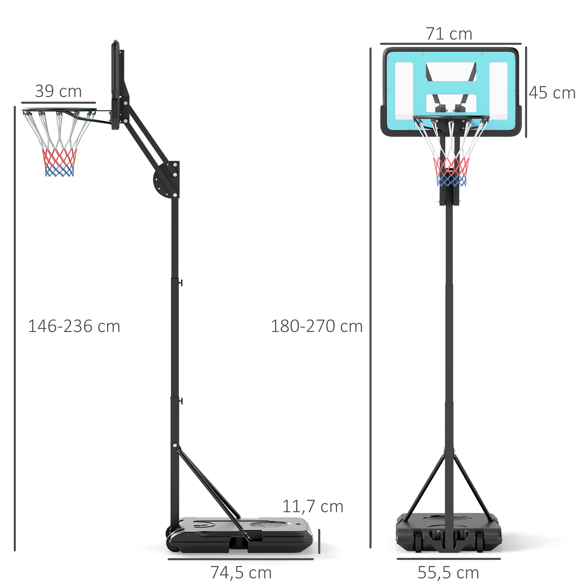 Basketballkorb, 146-236 cm höhenverstellbar, Basketballständer, rollbar, Stahl, Kunststoff, Schwarz