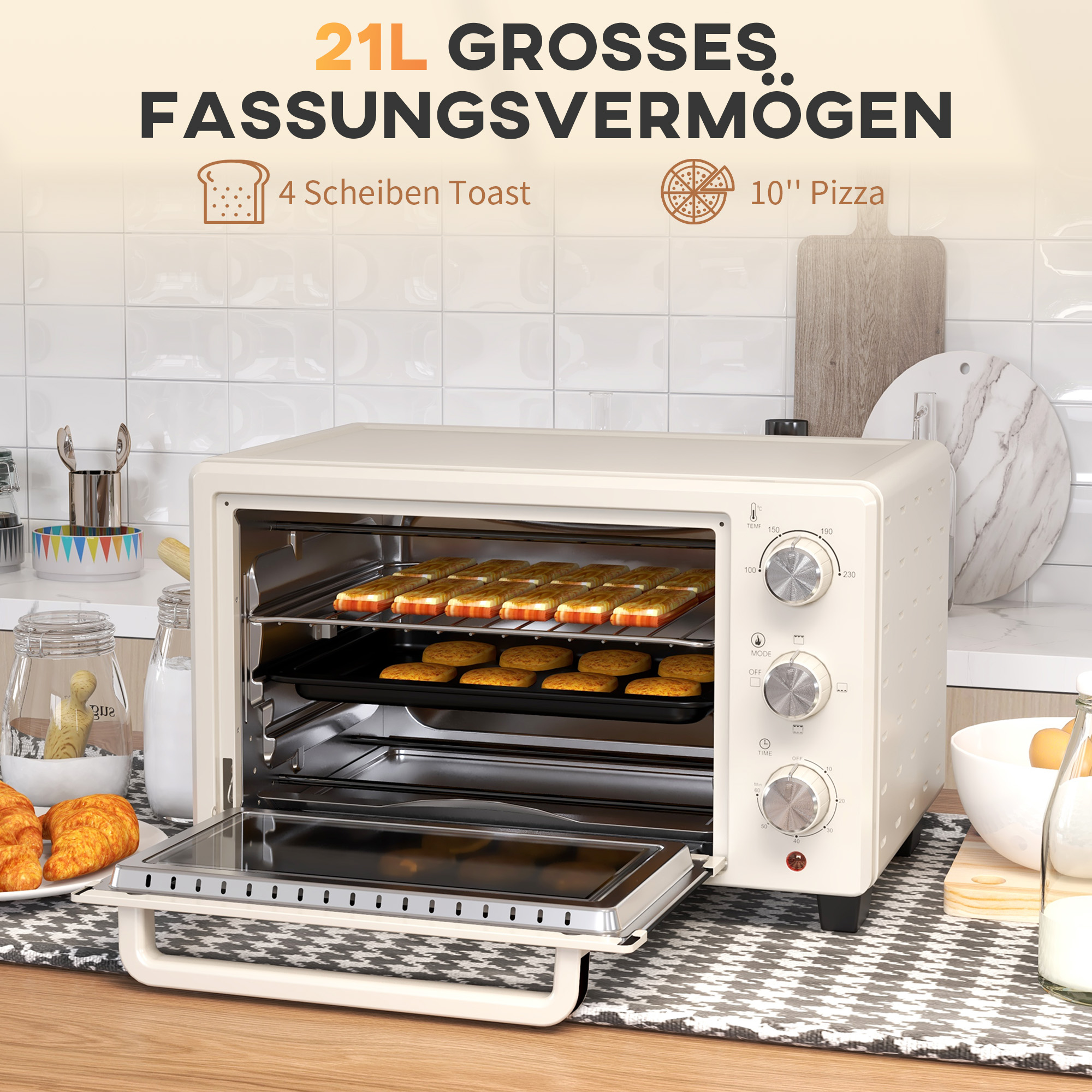 Minibackofen, Backofen kleine 21 L Toasterofen mit 1 Drahtgestell und 1 Backblech, 3 Kochmodi, 100 °C-230 °C, Edelstahl, Glas, Cremeweiß