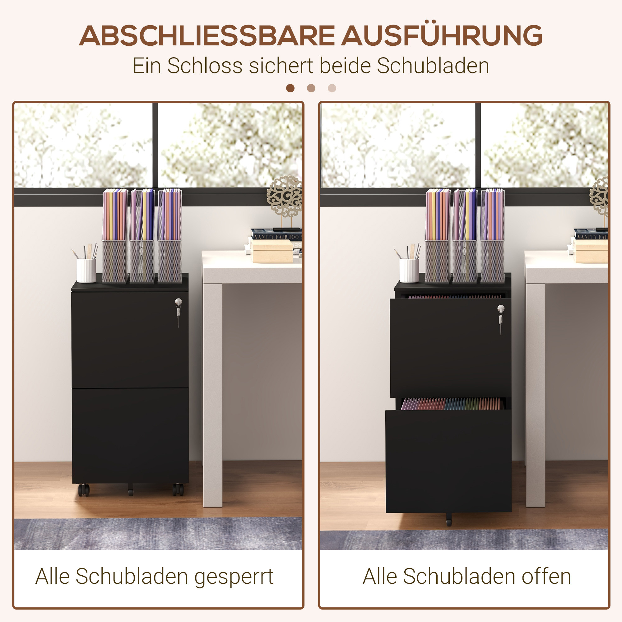 Rollcontainer Aktenschrank, 2 Schubladen, ab­schließ­bar, rollbar, 37 cm x 43,5 cm x 67,5 cm, Schwarz