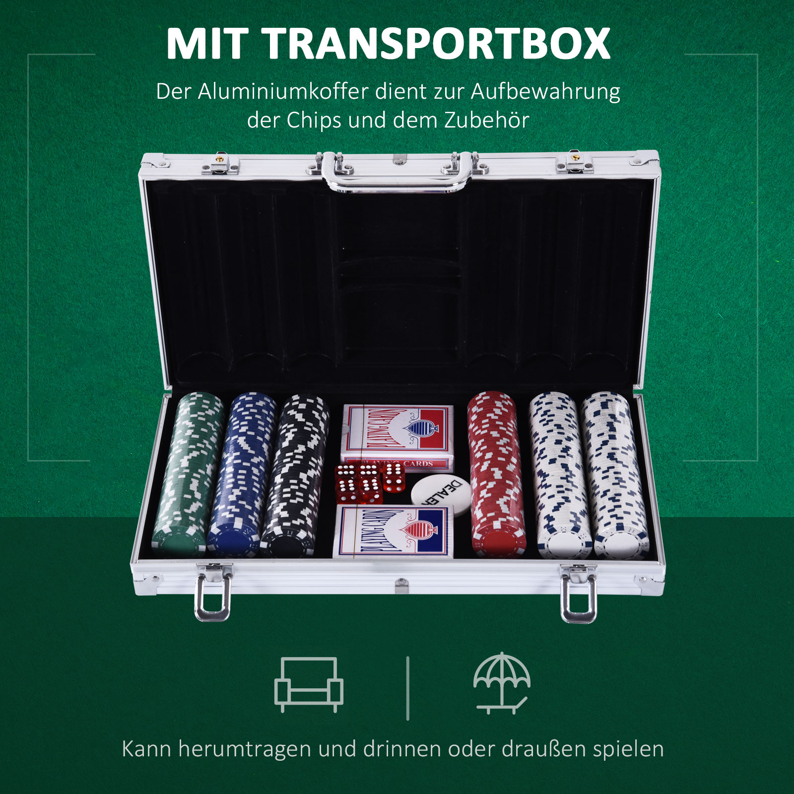 Pokerkoffer abschließbar Pokerset mit Koffer 300 Chips 5 Würfel 2 Kartendecks Zubehör, Pokerchips Komplett Set Pokerspiel Kartenspiele Aluminiumkoffer für Texas Hold'em, Blackjack