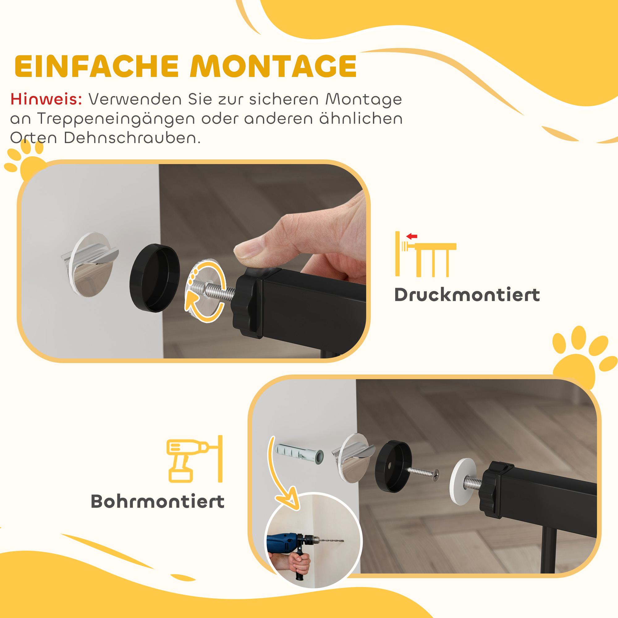 106 cm hohes Haustiergitter mit anpassbarer Breite, integrierte Katzentür, für Treppen und Türrahmen, Schwarz