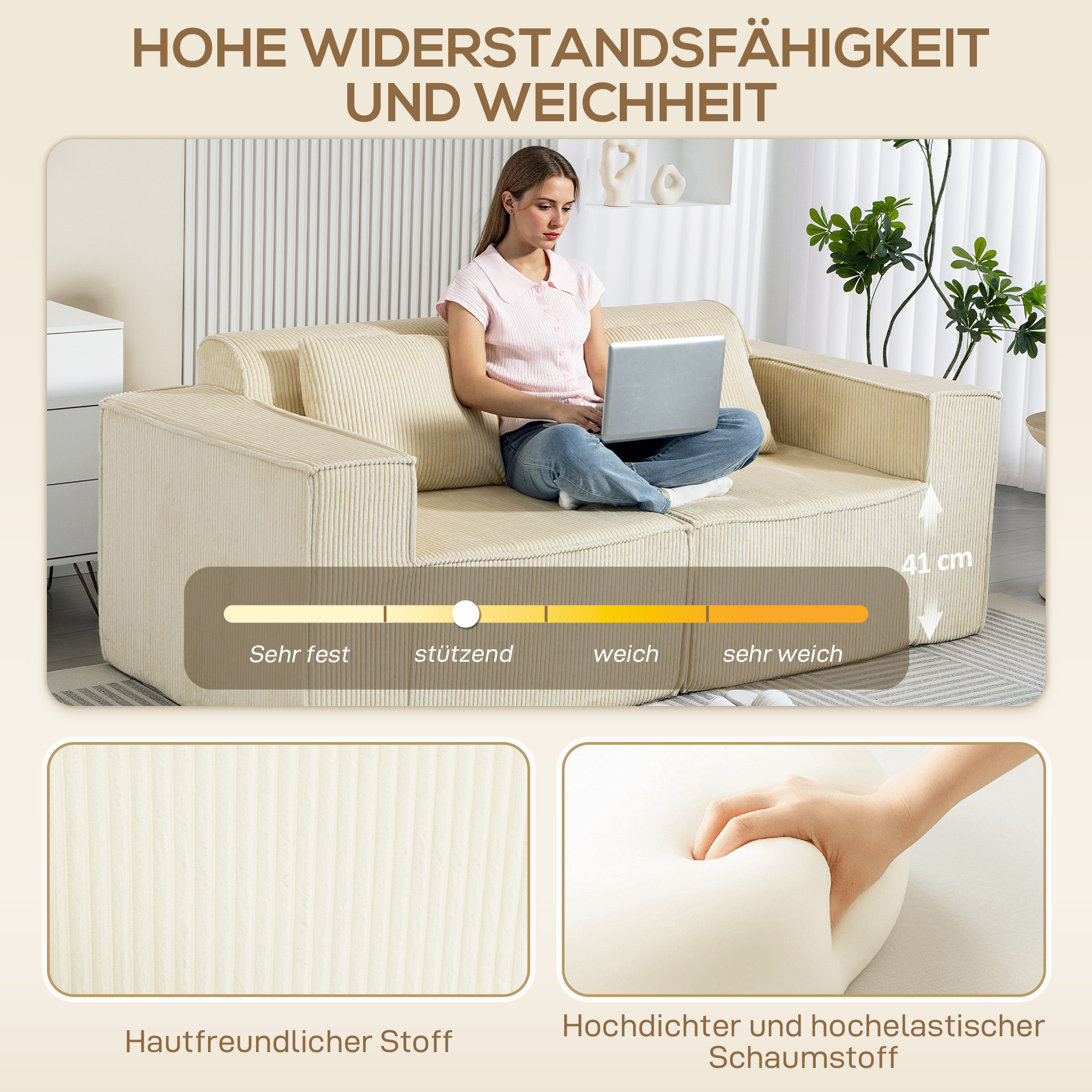 3-Sitzer-Sofa, weiche Schaumstoffstruktur, breite Armlehnen, 2 Kissen, Cordbezug, Beige
