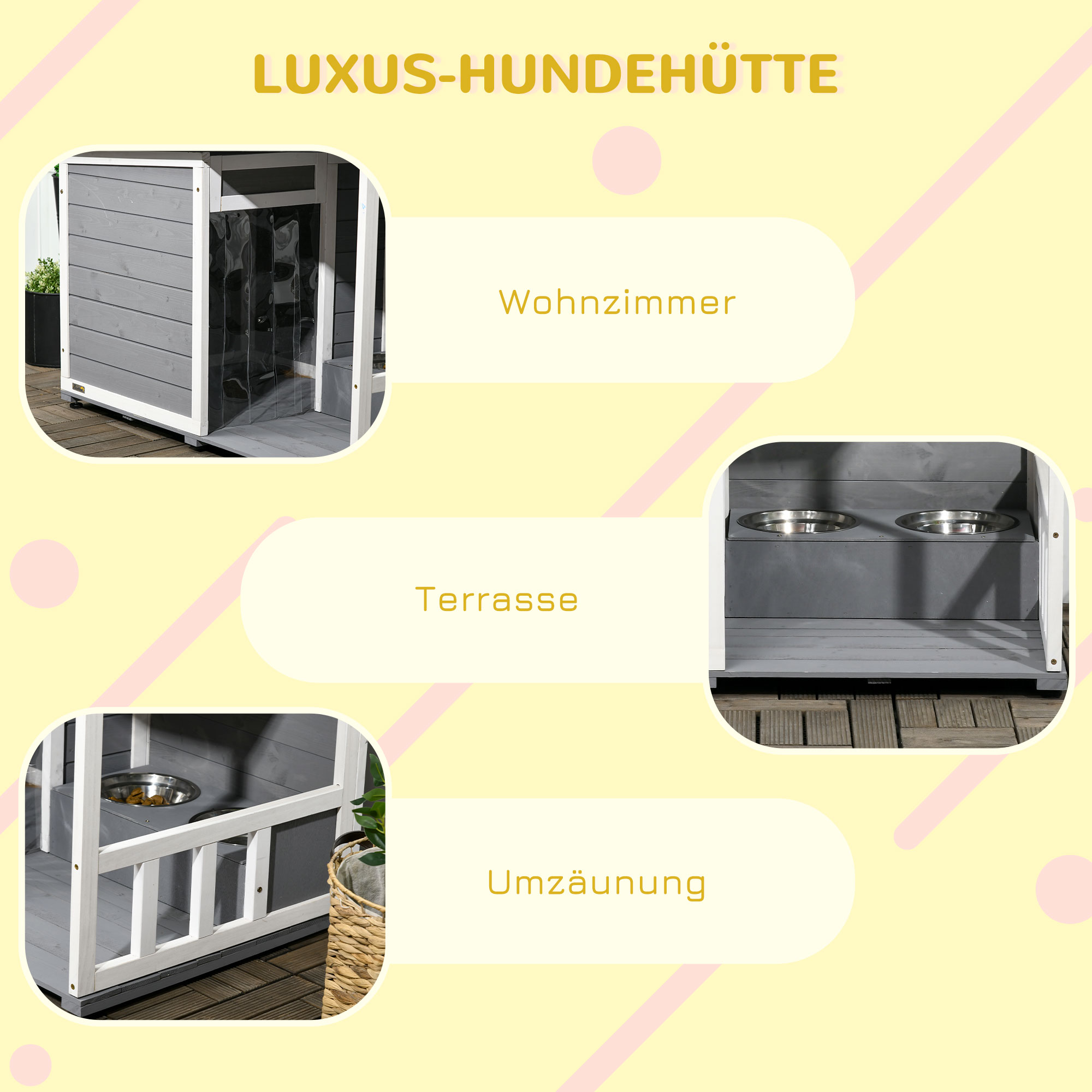 Hundehütte aus Massivholz, mit 2 Fressnäpfen, Veranda, wetterbeständig, 103 cm x 62 cm x 66 cm, Grau + Weiß