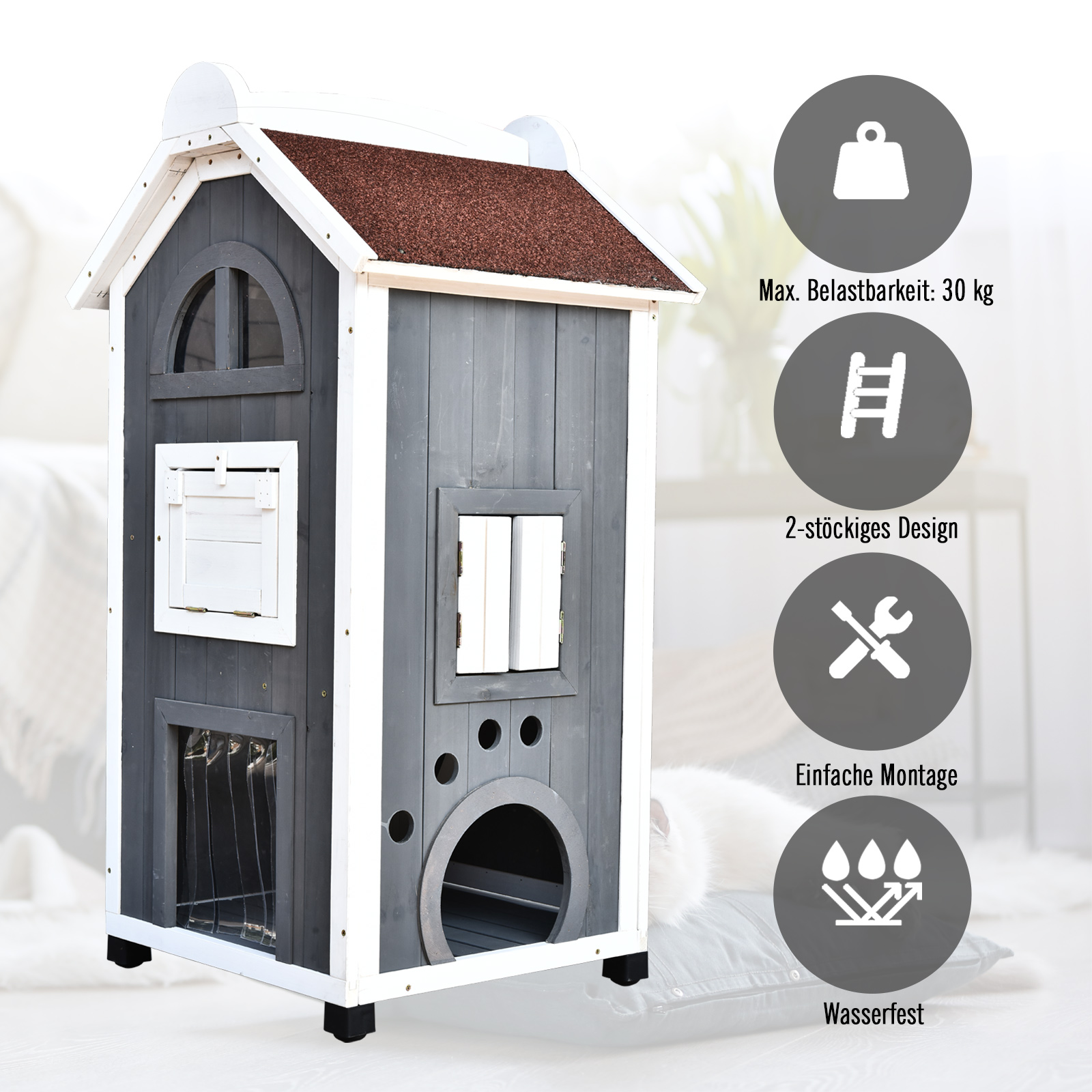 Katzenhaus für Katzenbett oder Katzentoilette, Katzenschrank, Katzenklo Indoor, Tannenholz, Asphaltdach, Grau, 59 x 55 x 109 cm