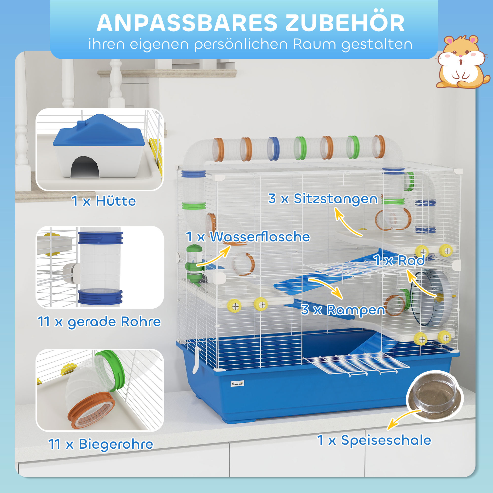 Hamsterkäfig mit 4 Ebenen, Kleintierkäfig mit Tunnelsystem, Hütte, Laufrad, für Zwerghamster, 78 x 45 x 73 cm, Blau