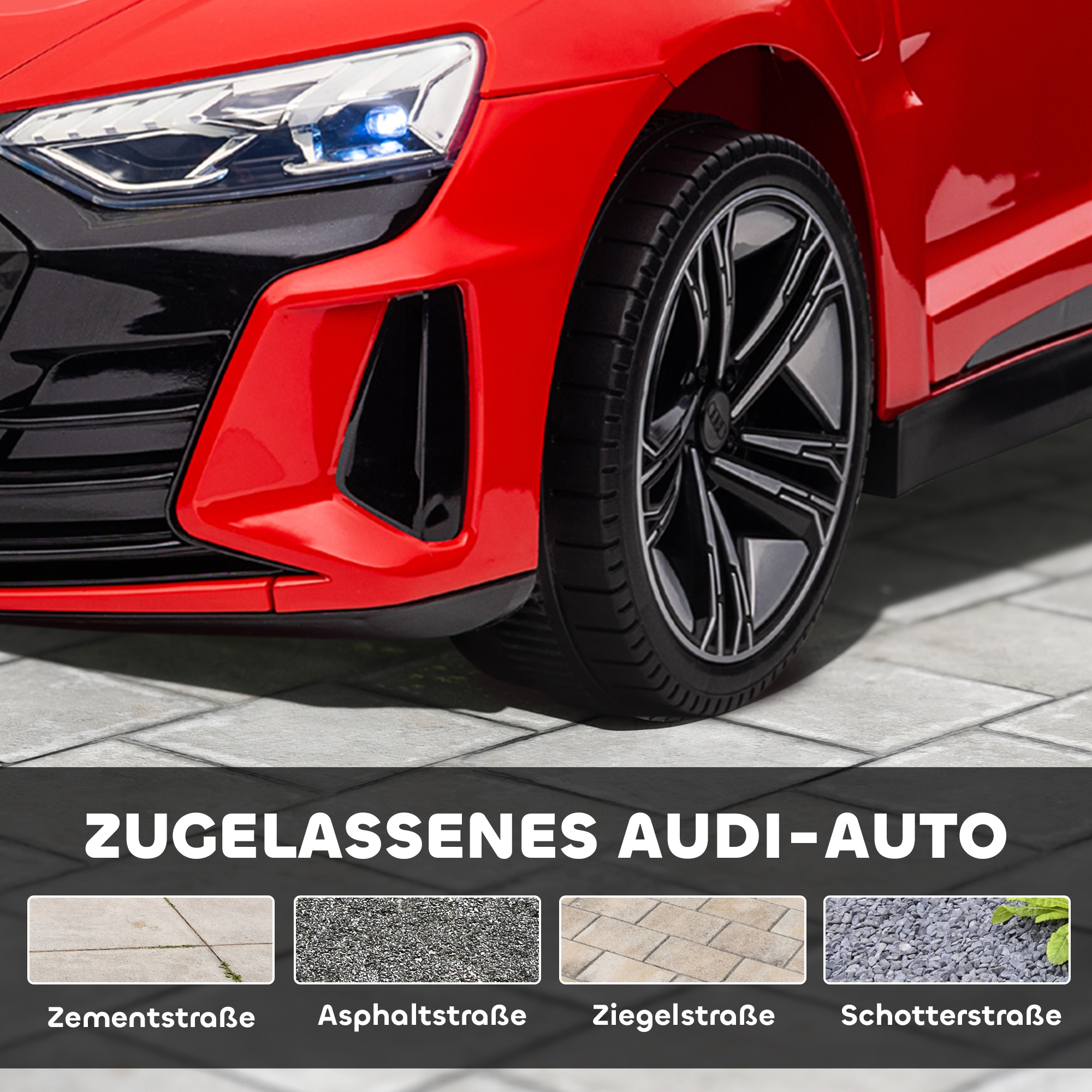 Kinderfahrzeug Audi lizenziert, mit Sicherheitsgurt, Fernbedienung, Licht, rot+schwarz, 103 x 58 x 41cm