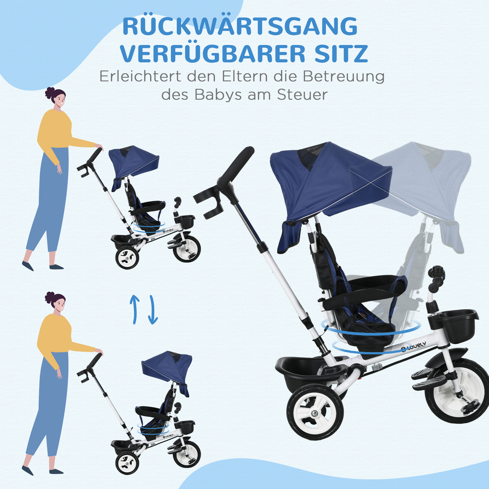 6-in-1 Kinderdreirad mit Schiebestange, Dach, Gurt, Ablagekorb, 18+ Monate, Dunkelblau