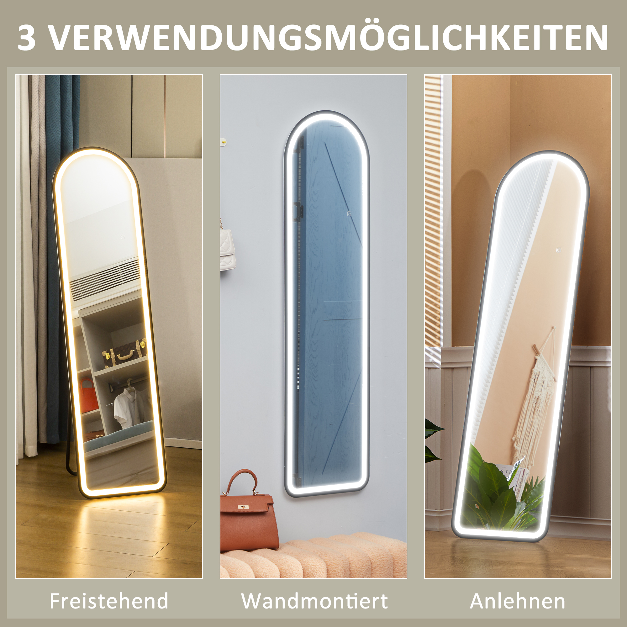 Ganzkörperspiegel, 150 x 40 cm, Freistehender Spiegel mit dimmbaren LED-Lichtern für Wohnzimmer, Schlafzimmer