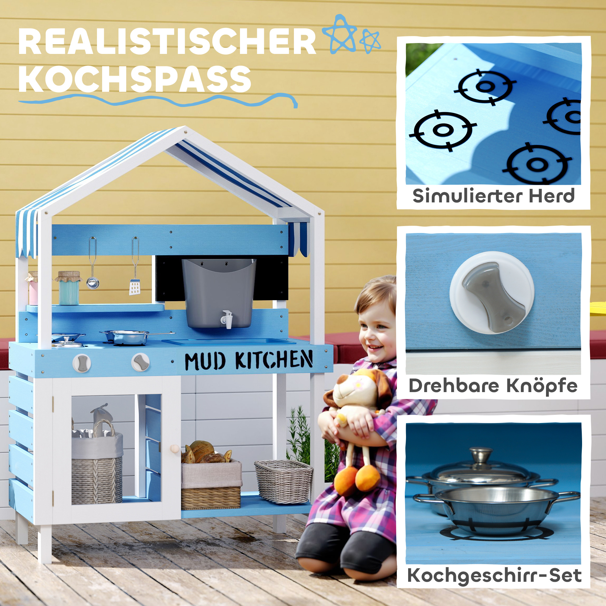 Outdoor-Spielküche für Kinder mit Sonnendach, Kochgeschirr-Set, Massivholz, Blau