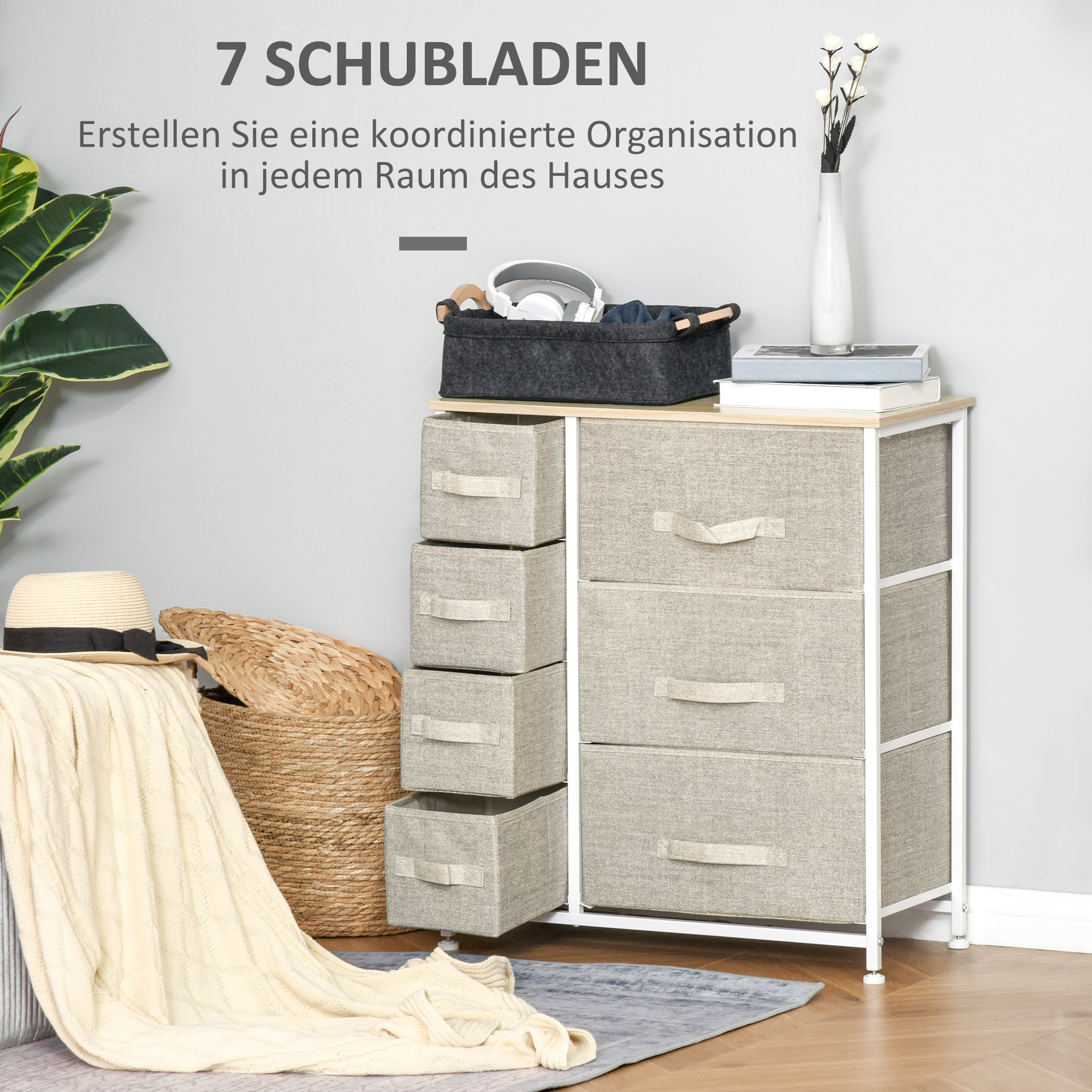 Kommode, Sideboard, 7 faltbare Stoffschubladen, Metallgestell, 63,5 x 30 x 71 cm, Hellgrau