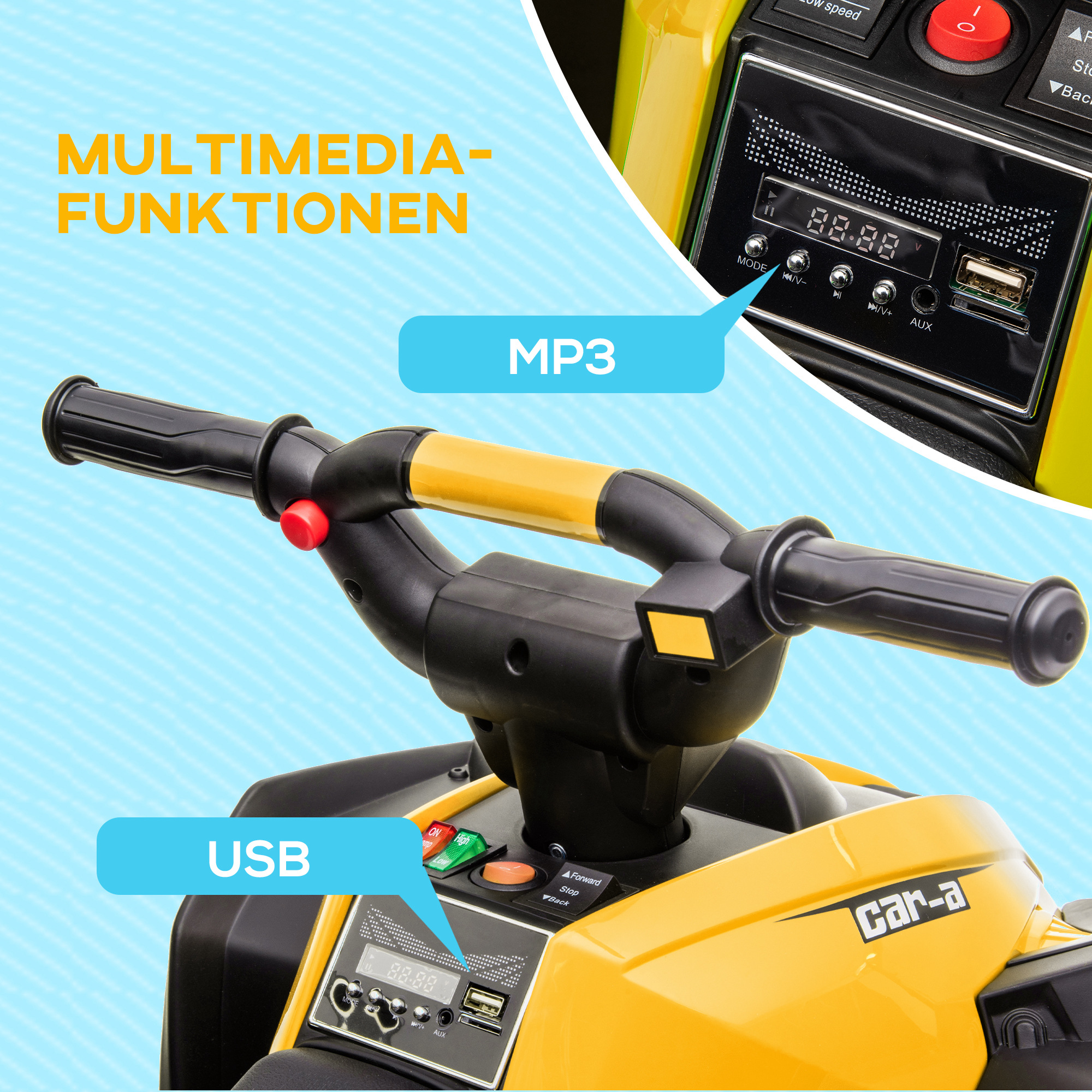 Kinderquad, LED-Scheinwerfer, MP3-Player, Stoßdämpfer, ergonomischer Sitz, Gelb+Schwarz