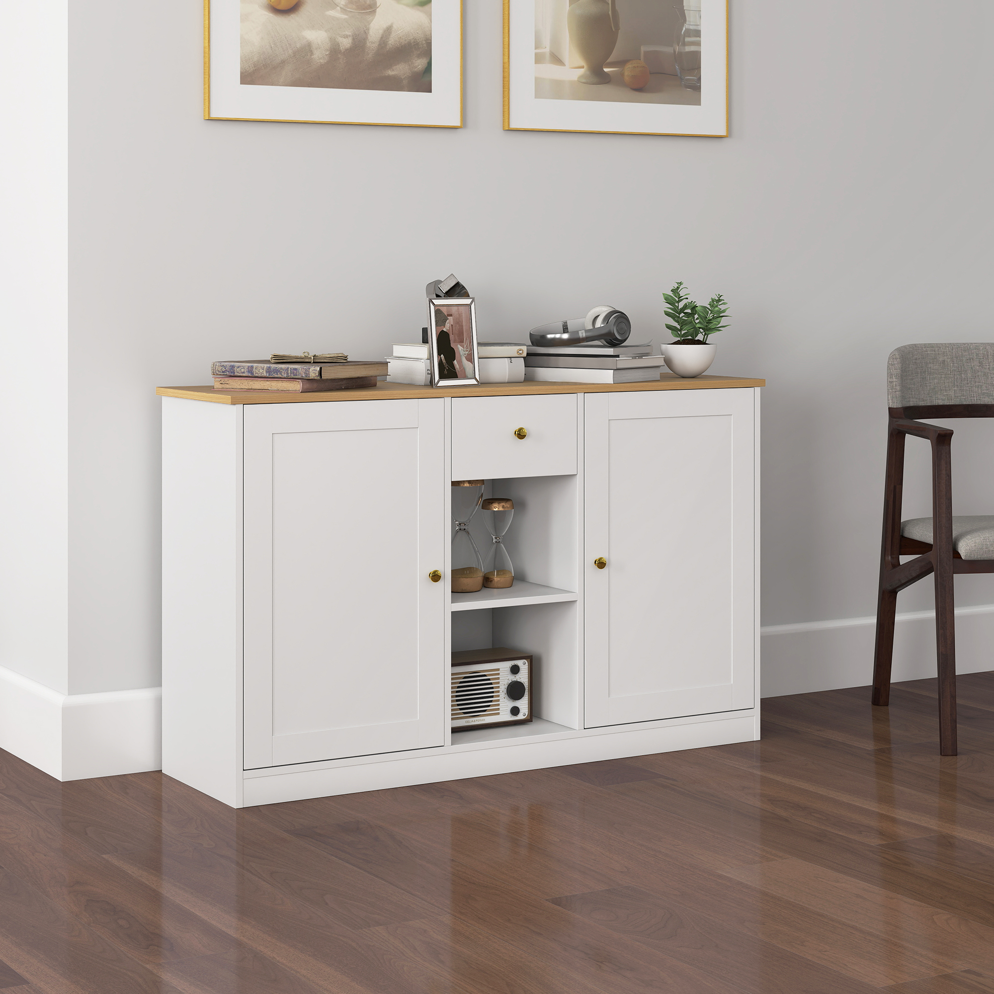 Küchenkommode, Sideboard mit Schublade, Schränken, Regalen, Spanplatte, Weiß