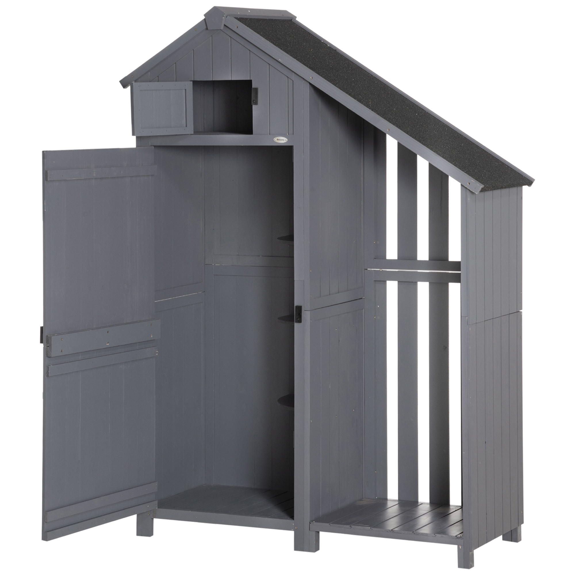 Gartenschrank, offenes Brennholzfach, verriegelbare Tür, wetterfest, Naturholz, 129 x 51,5 x 180cm, grau+schwarz