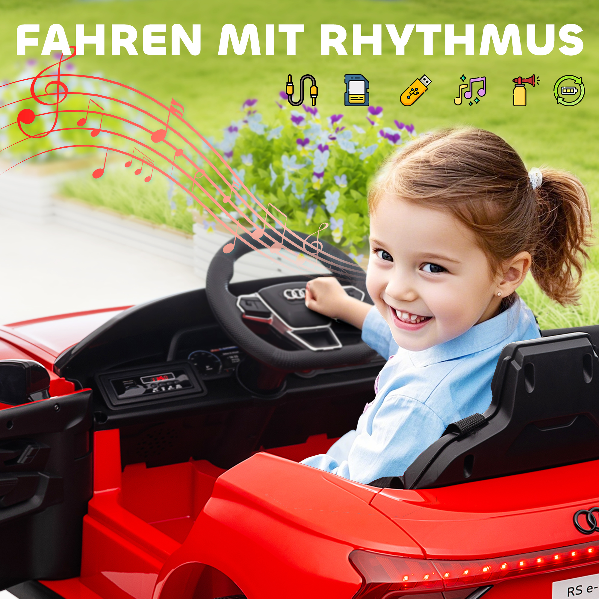 Kinderfahrzeug Audi lizenziert, mit Sicherheitsgurt, Fernbedienung, Licht, rot+schwarz, 103 x 58 x 41cm