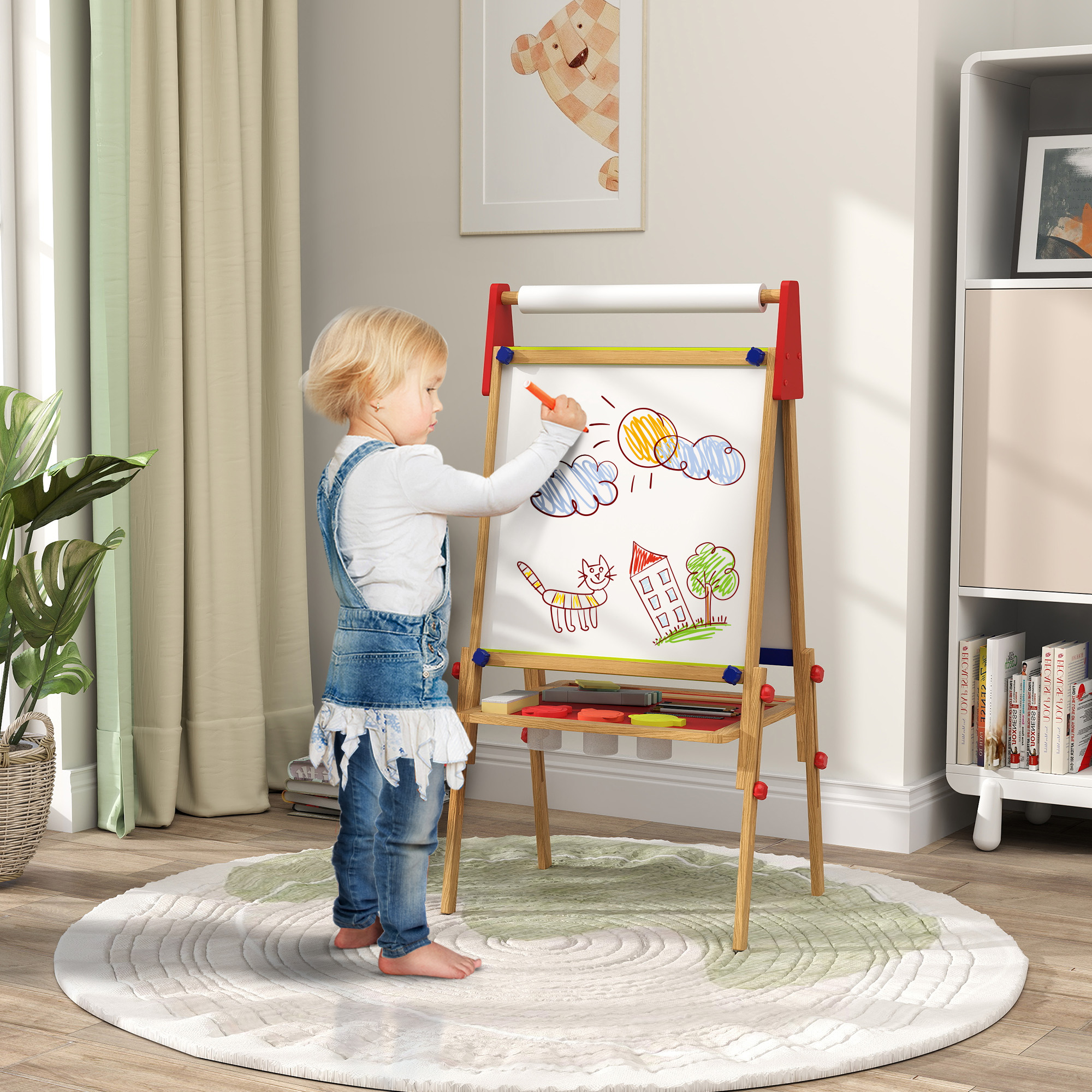 3-in-1 Kindermalstaffelei, Kreidetafel, Whiteboard, Papierrolle, inklusive Zubehör, Kiefernholz, verstellbar