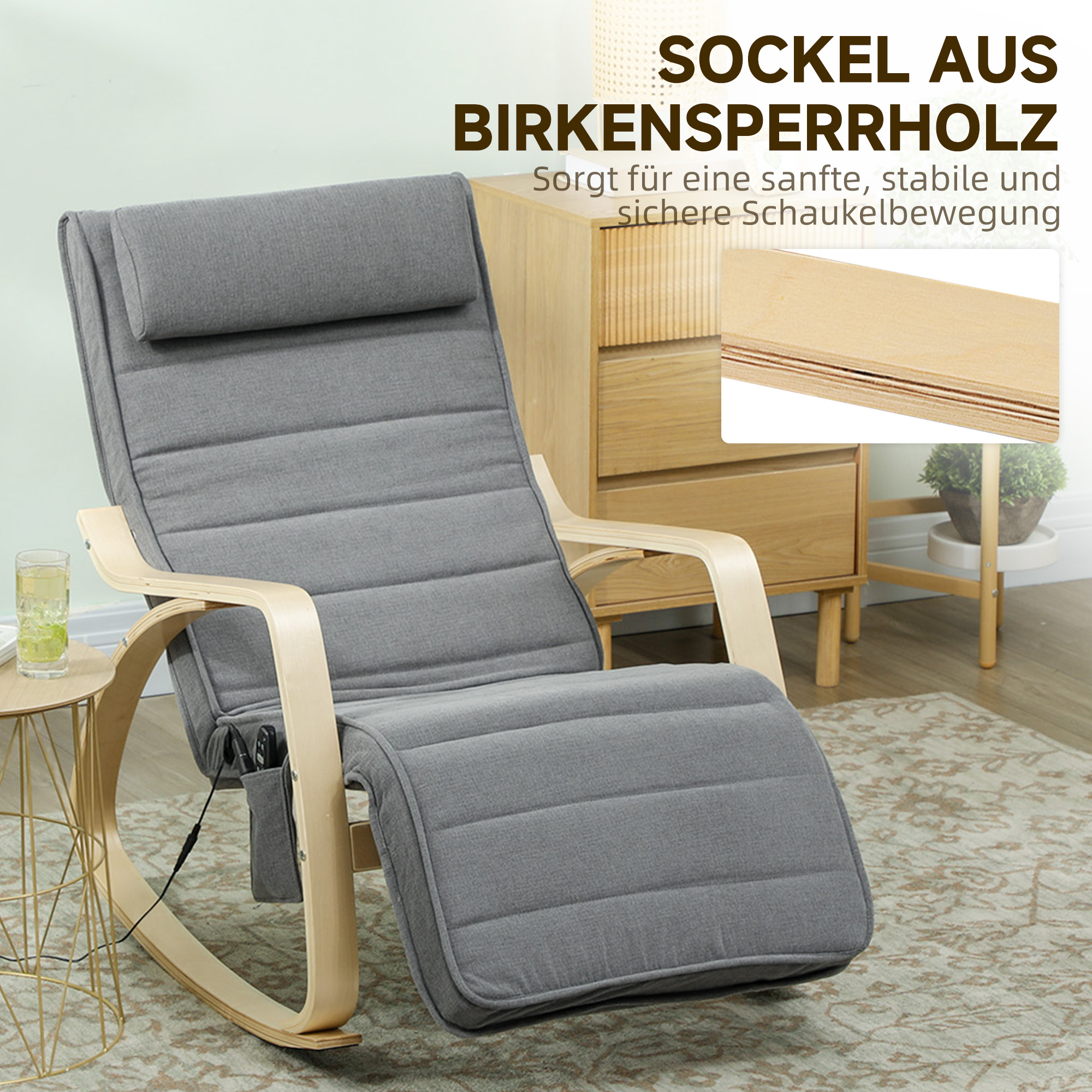 Schaukelstuhl mit Massage-Funktion, Lendenheizung, 3 Modi, Stoffbezug, Grau
