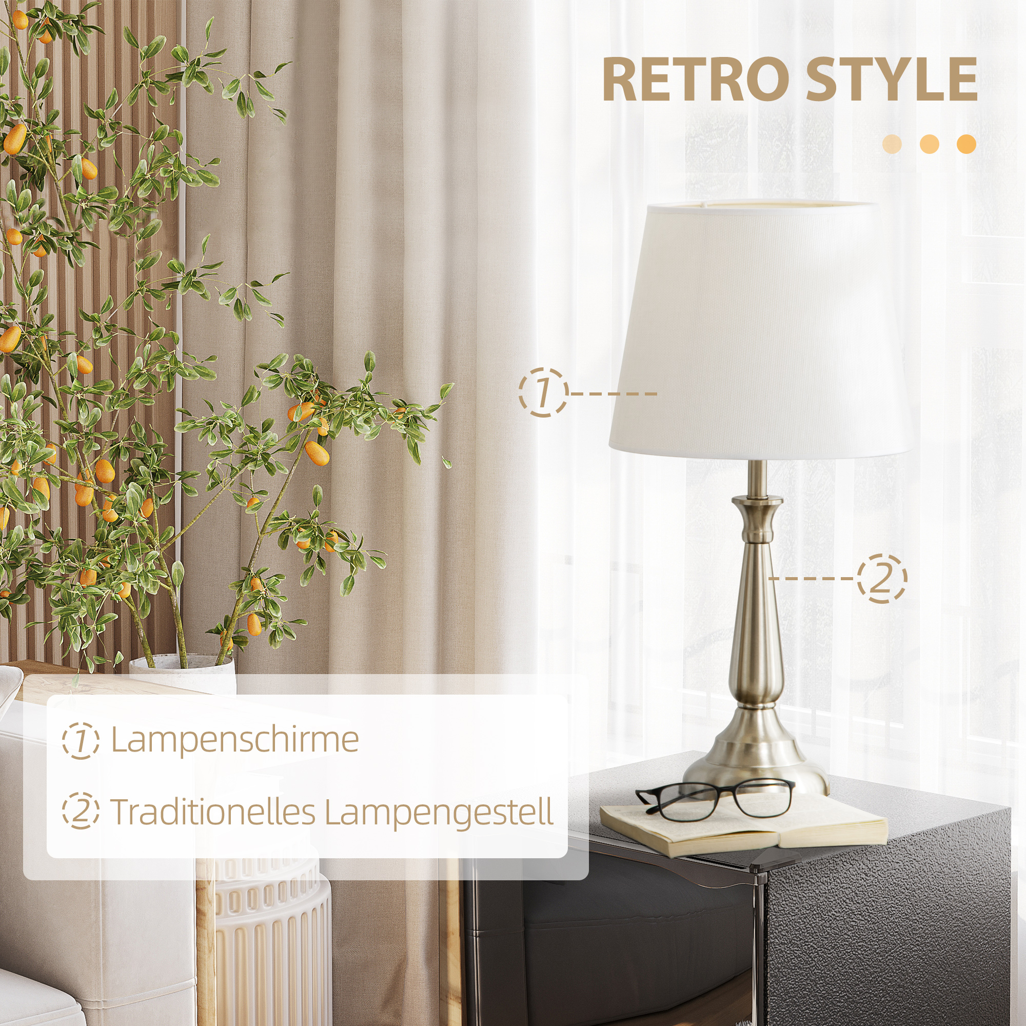 3-teiliges Lampenset im Vintage-Design, 2 Tischleuchten, 1 Stehleuchte, 35,5 cm x 35,5 cm x 146 cm, Silber + Weiß