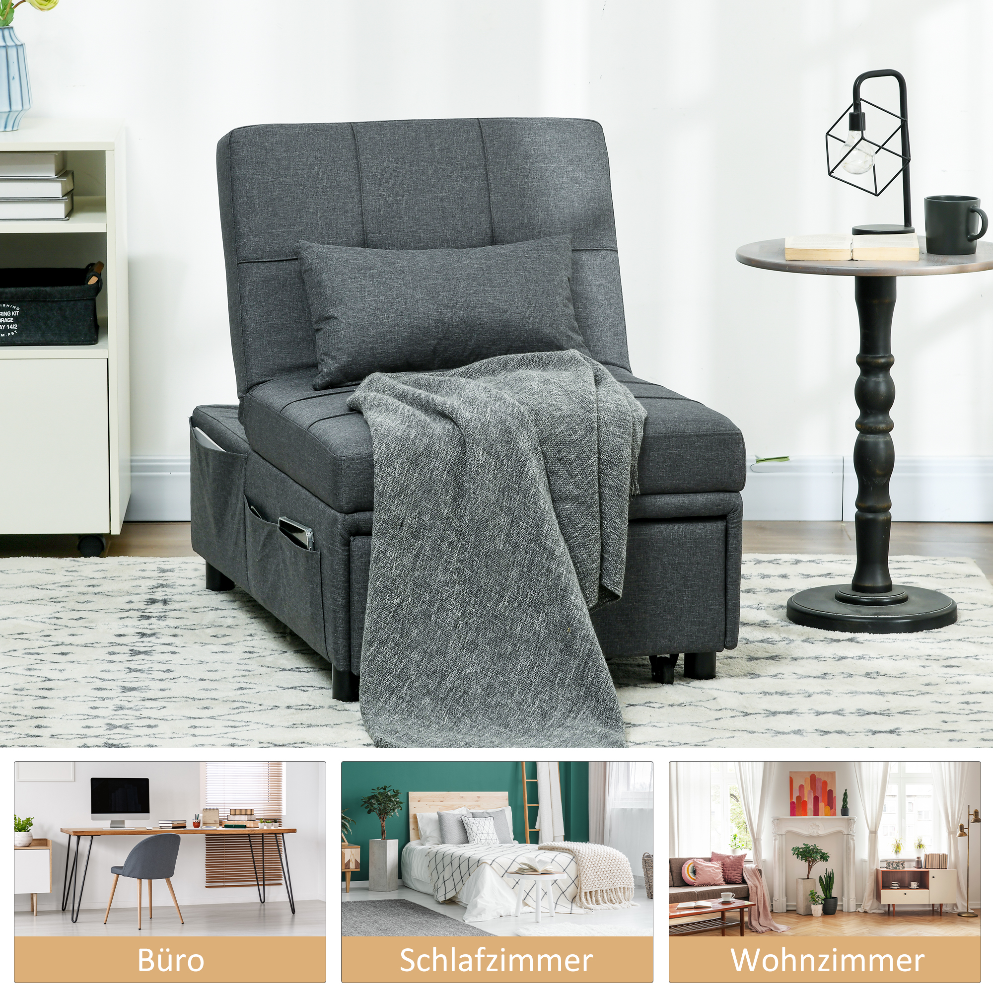 bequemer Liegesessel Schlafsessel 3-in-1 Sessel modern, bis 150 kg, Leinenoptik, inkl, Kissen, 65,5 x  104 x  81 cm, Dunkelgrau