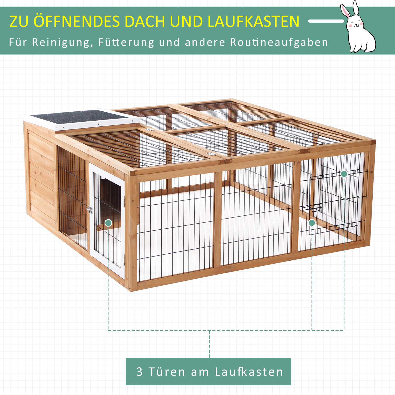 Kleintierstall mit Freigehege, aufklappbares Dach, wetterbeständig, 123 cm x 120 cm x 52 cm, Braun