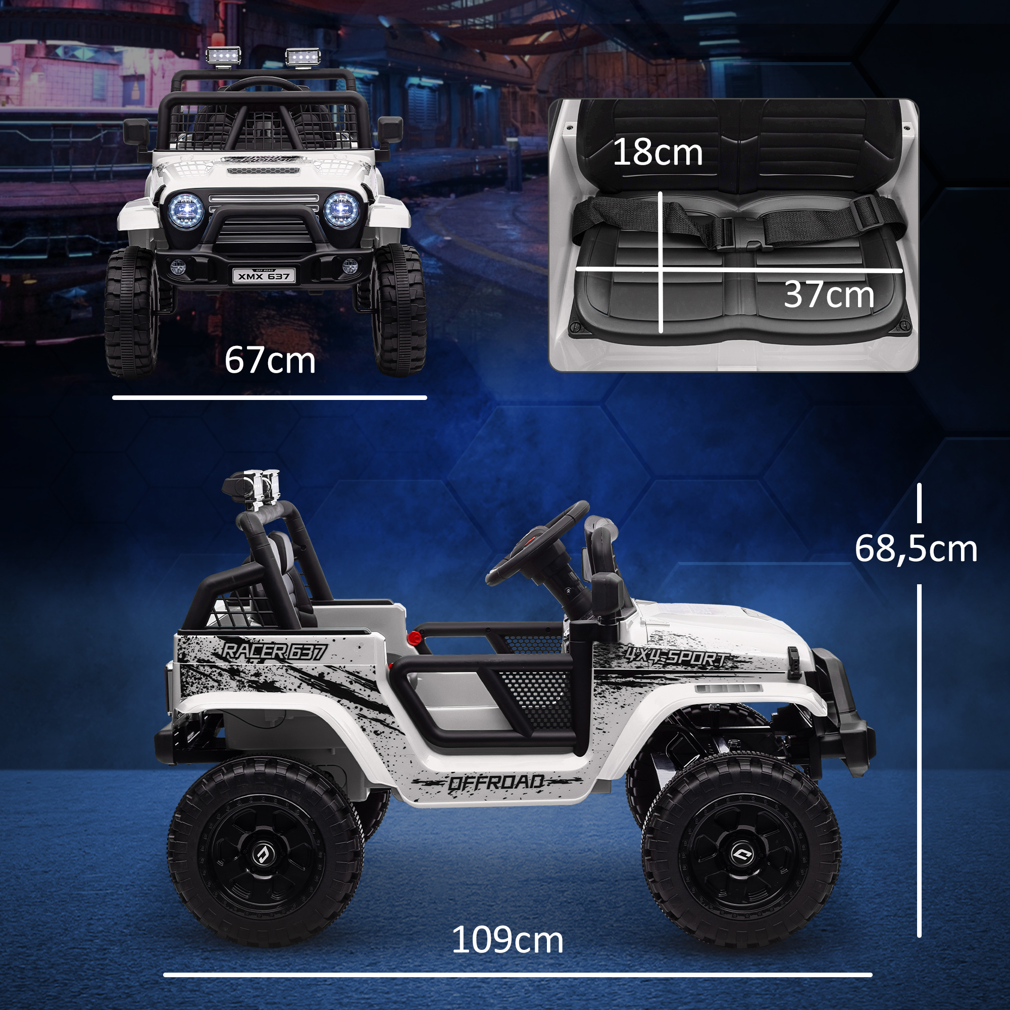 Kinder-Elektroauto mit sanfter Federung, fernsteuerbar, LED-Lichter, Hupe, 12V-Motoren, aus Kunststoff und Metall, Weiß