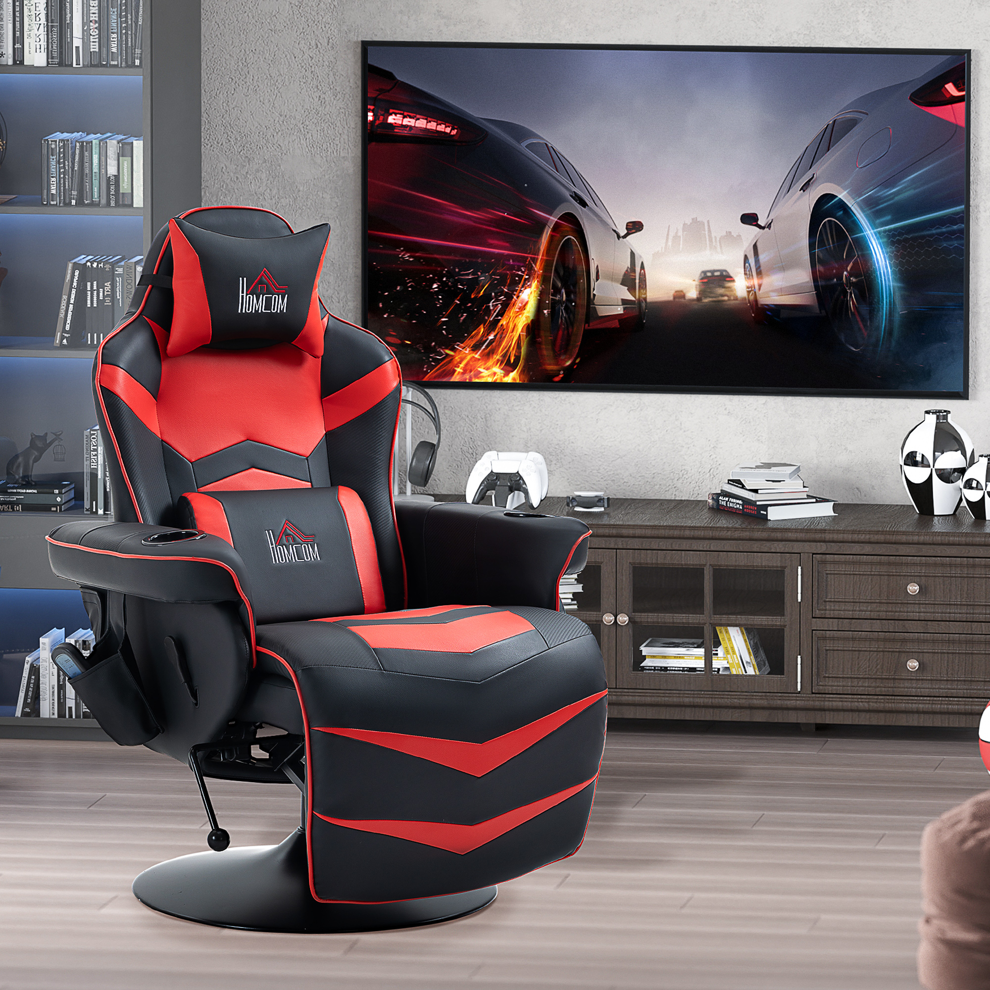 Gamingsessel, Massagefunktion, neigbare Lehne, Fußstütze, bis 120 kg, Stahlrahmen, Kunstleder, Rot