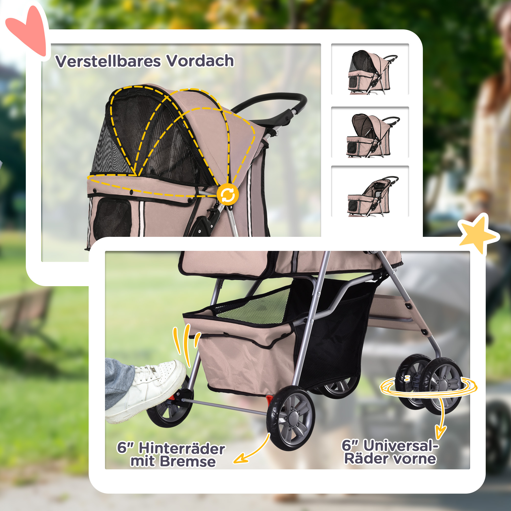 Hundebuggy Hundewagen bis 10 kg Klappbar Bodenkorb 2 Becherhalter Sonnendach Kaffeebraun
