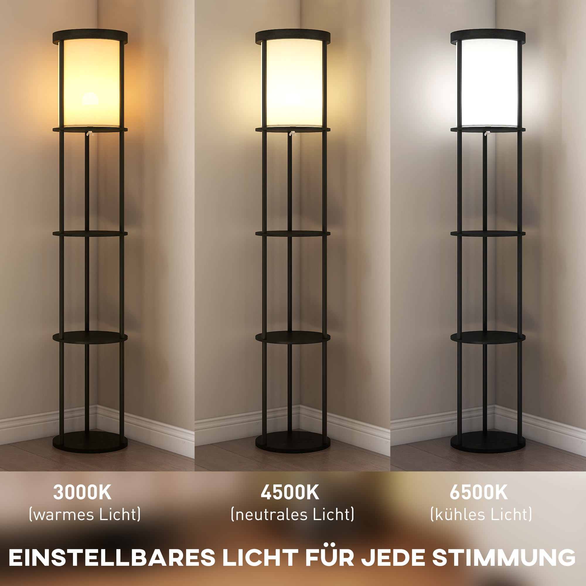 Stehlampe mit 3 Regalen, rundes Design, Fernbedienung, Fußschalter, verstellbare Lichtwärme, für Wohnzimmer, Schwarz
