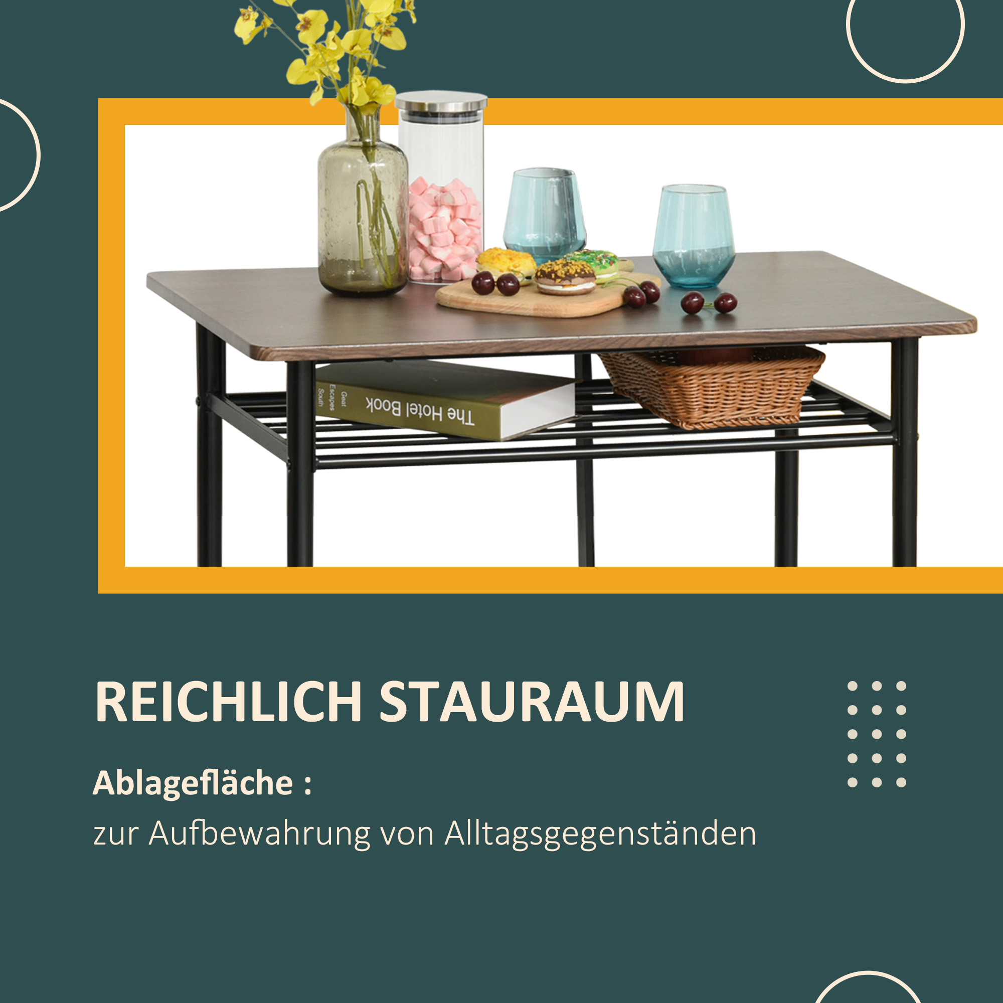 Bargarnitur, 3-teilig, Tisch & 2 Hocker, Regal, Industrie-Design, Schwarz/Eiche