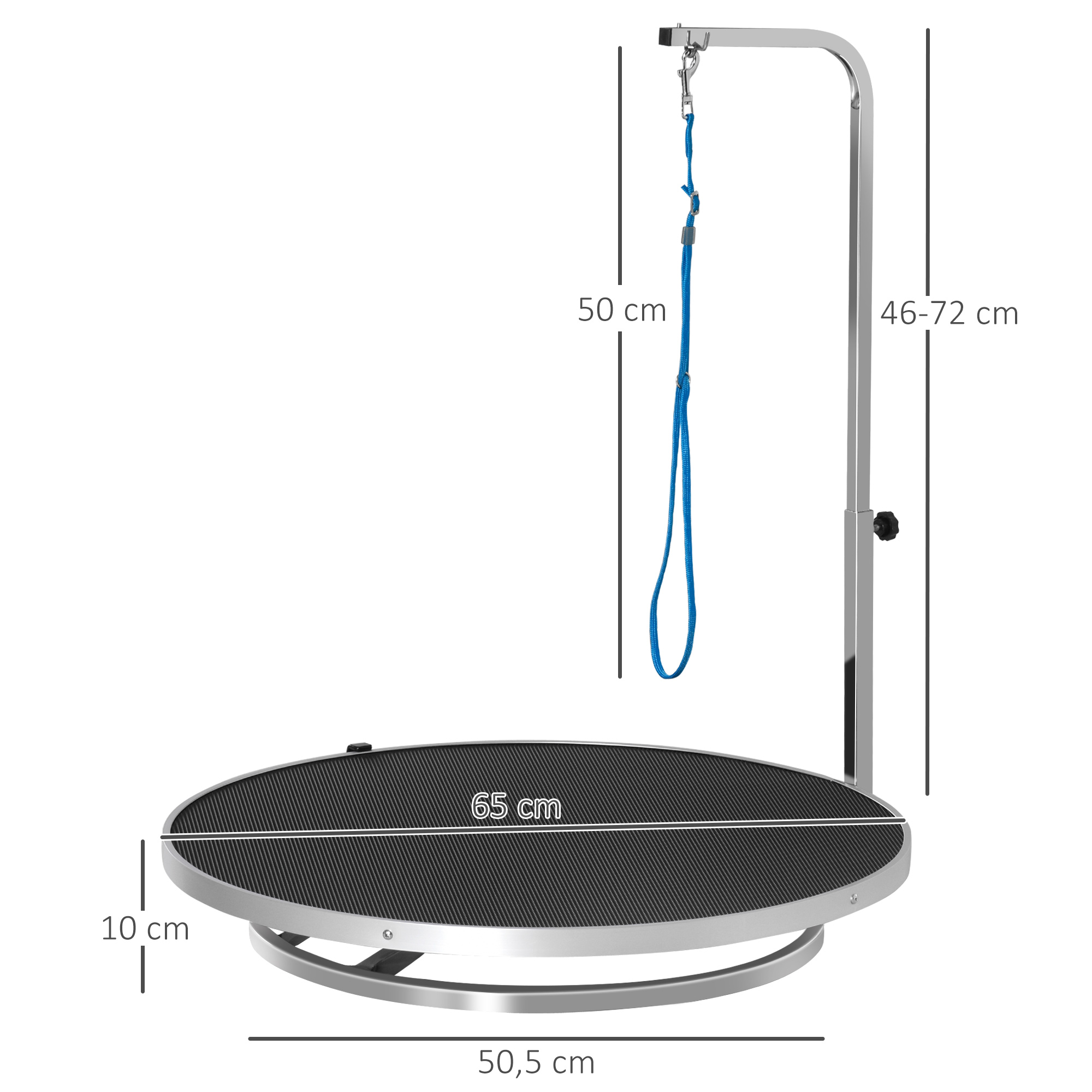 Hund Trimmtisch Tierpflegetisch drehbar trocknen Tabelle mit verstellbaren Arm rutschfeste Tischplatte Verriegelungssystem Aluminium-Legierung Rand Edelstahl Rahmen Sicherheit Leine Ø65x H10