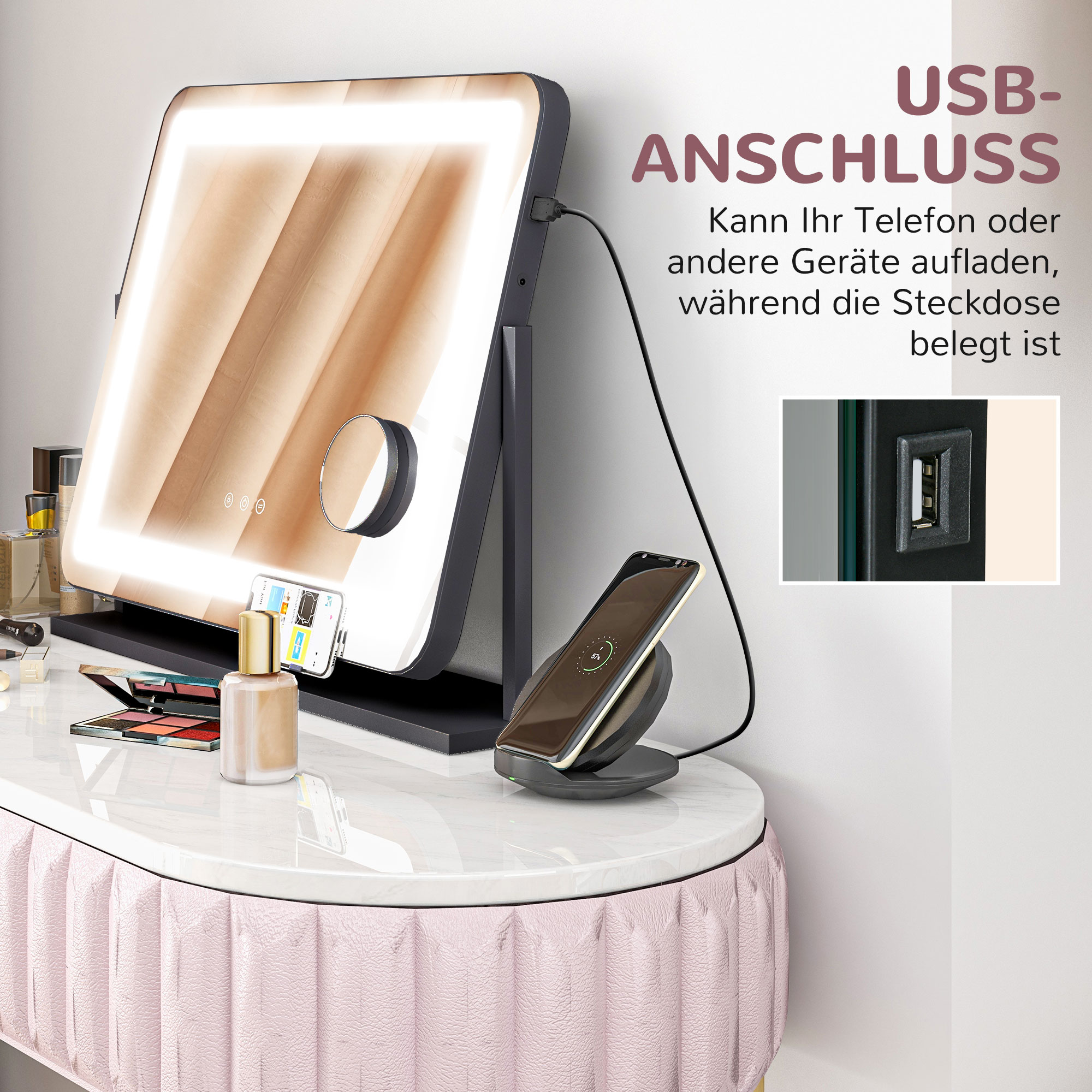 Schminkspiegel mit LED-Lampen, USB-Anschluss, 3 Modi, drehbar, Schwarz