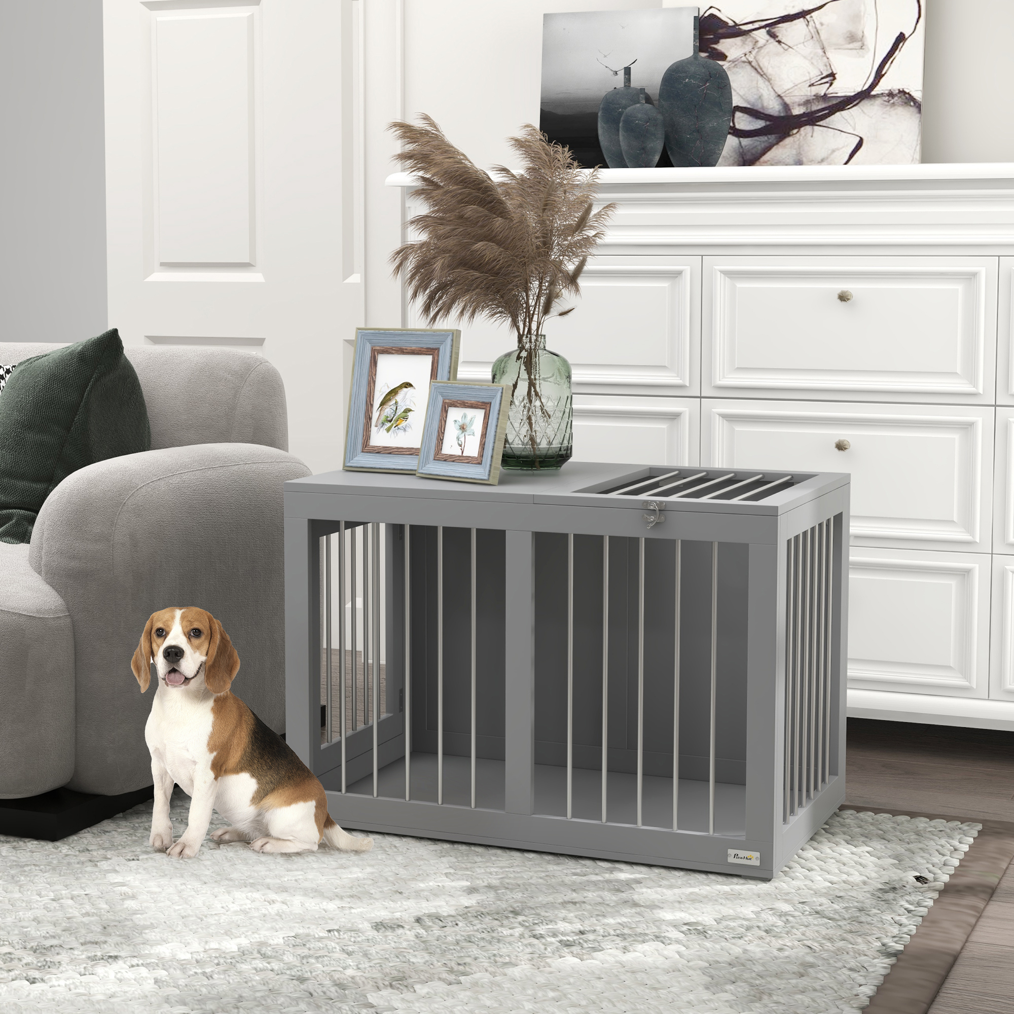 Hundekäfig Hundebox Hundetransportbox,  2 Türen, verriegelbar, Stahlgitter, 80 cm x 50 cm x 56,5 cm, Grau