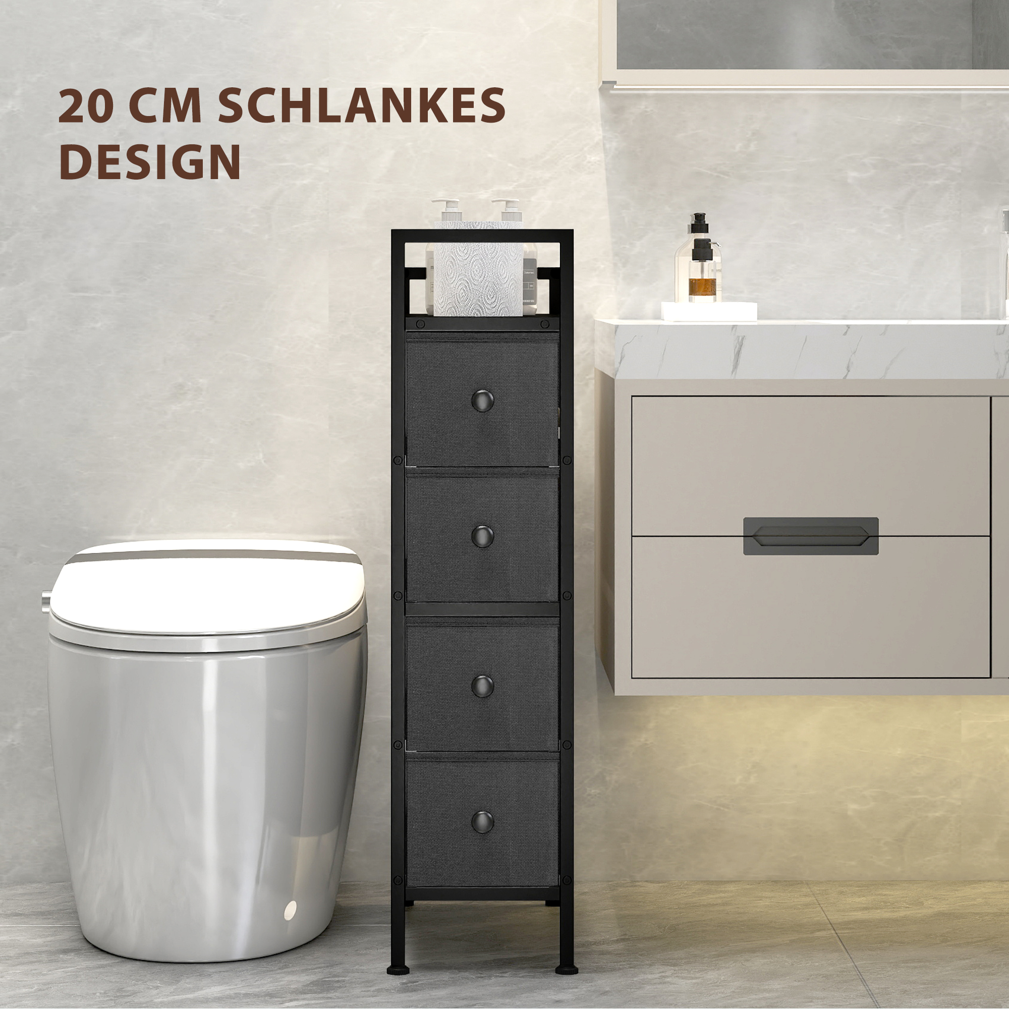 Kommode Schrank mit 4 Schubladen aus Vliesstoff Aufbewahrungsschrank mit Stahlrahmen, 20cm x 43cm x 81,5cm, Schwarz