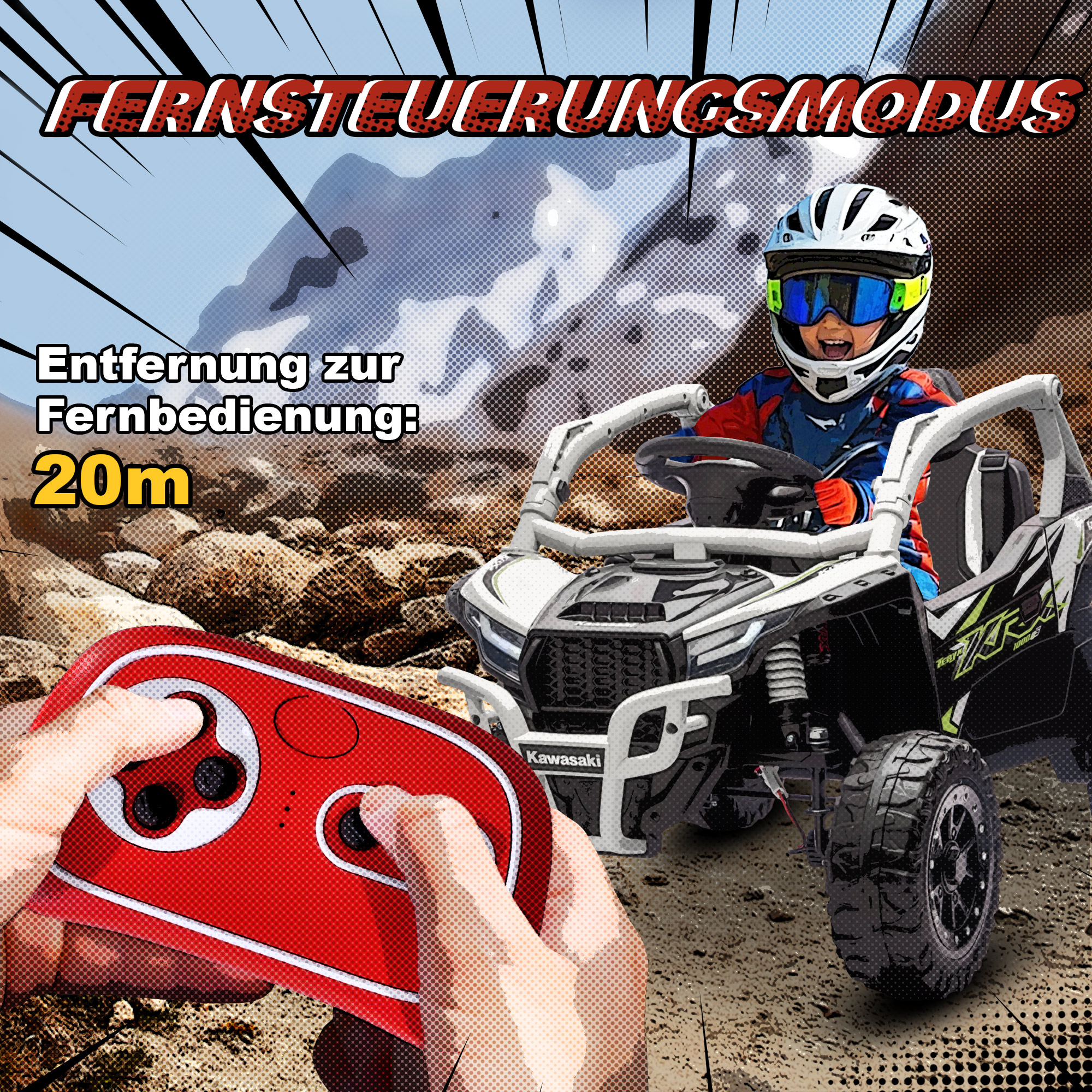 12V Elektrisches Geländefahrzeug für Kinder, Fernbedienung, LED-Lichter, Musik, Hupe, für Kinder von 3-8 Jahren, Grau