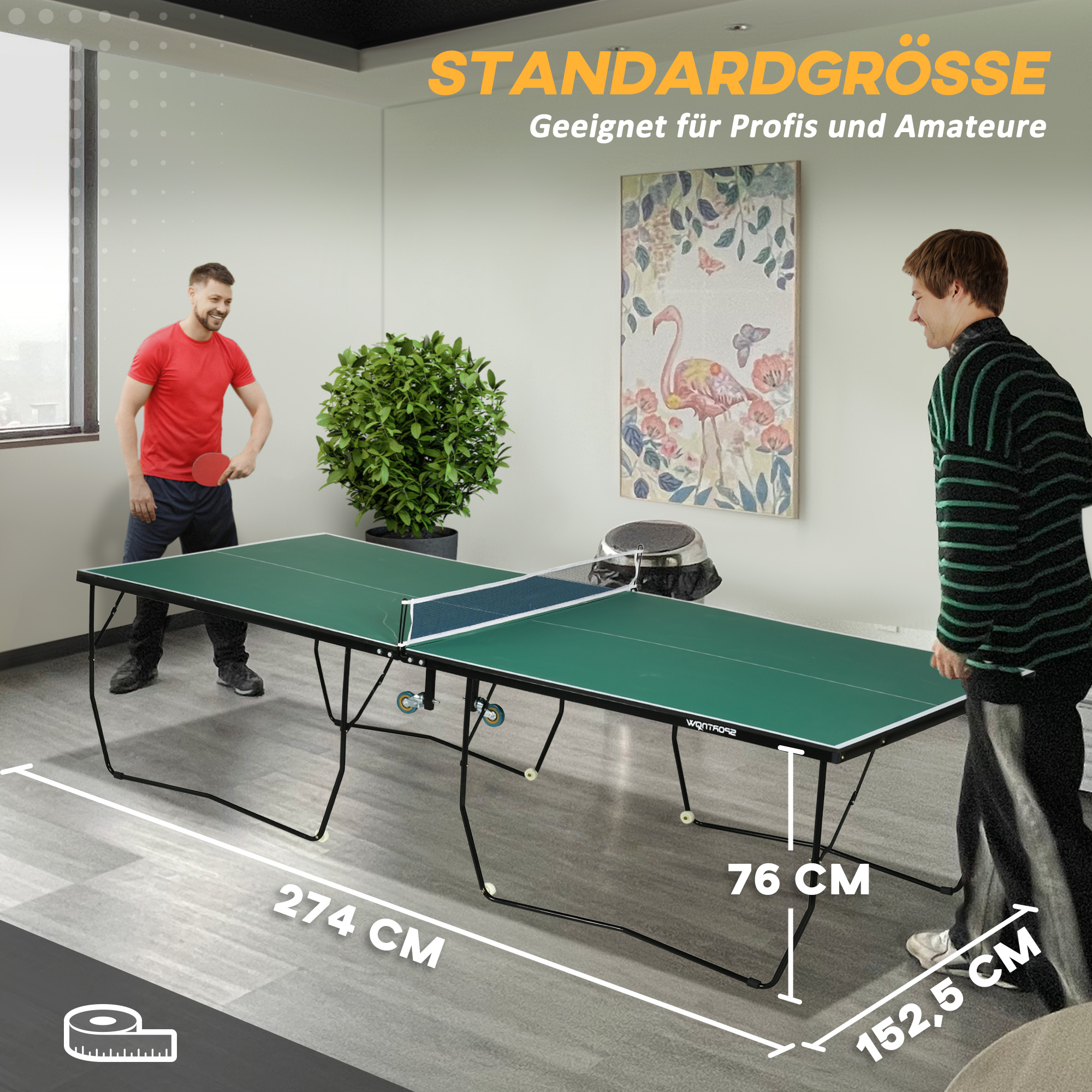Tischtennisplatte Tischtennis-Set, klappbar, 8 Rollen, inkl, Schläger u, Bälle, 274 cm x 152,5 cm x 76 cm, Grün