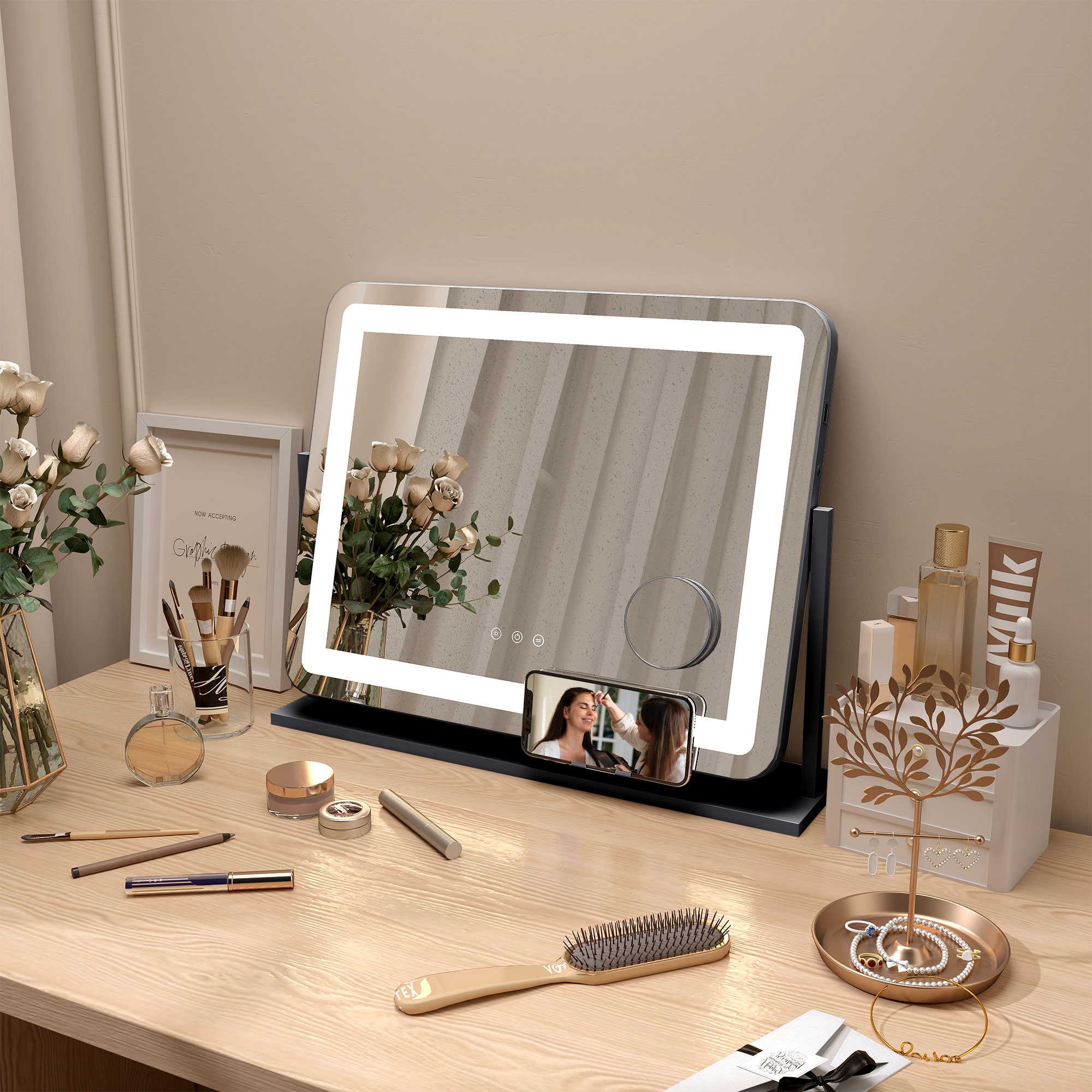 Schminkspiegel mit LED-Lampen, USB-Anschluss, 3 Modi, drehbar, Schwarz