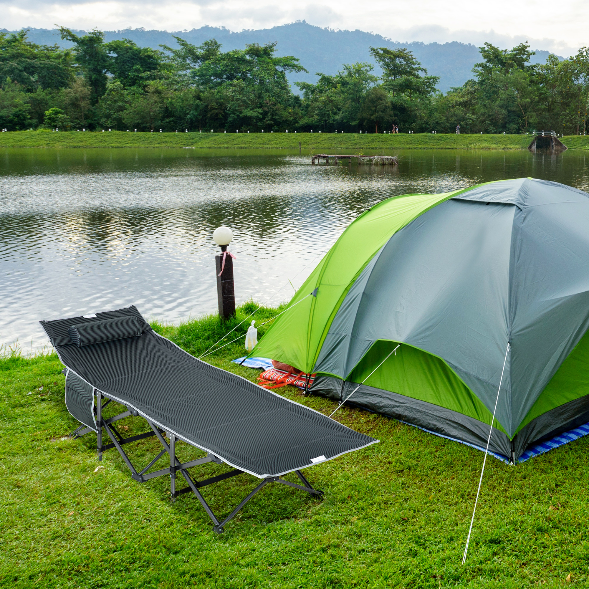 Campingbett, klappbares Feldbett mit Kopfkissen, 188 x 64,5 x 53 cm, Grau