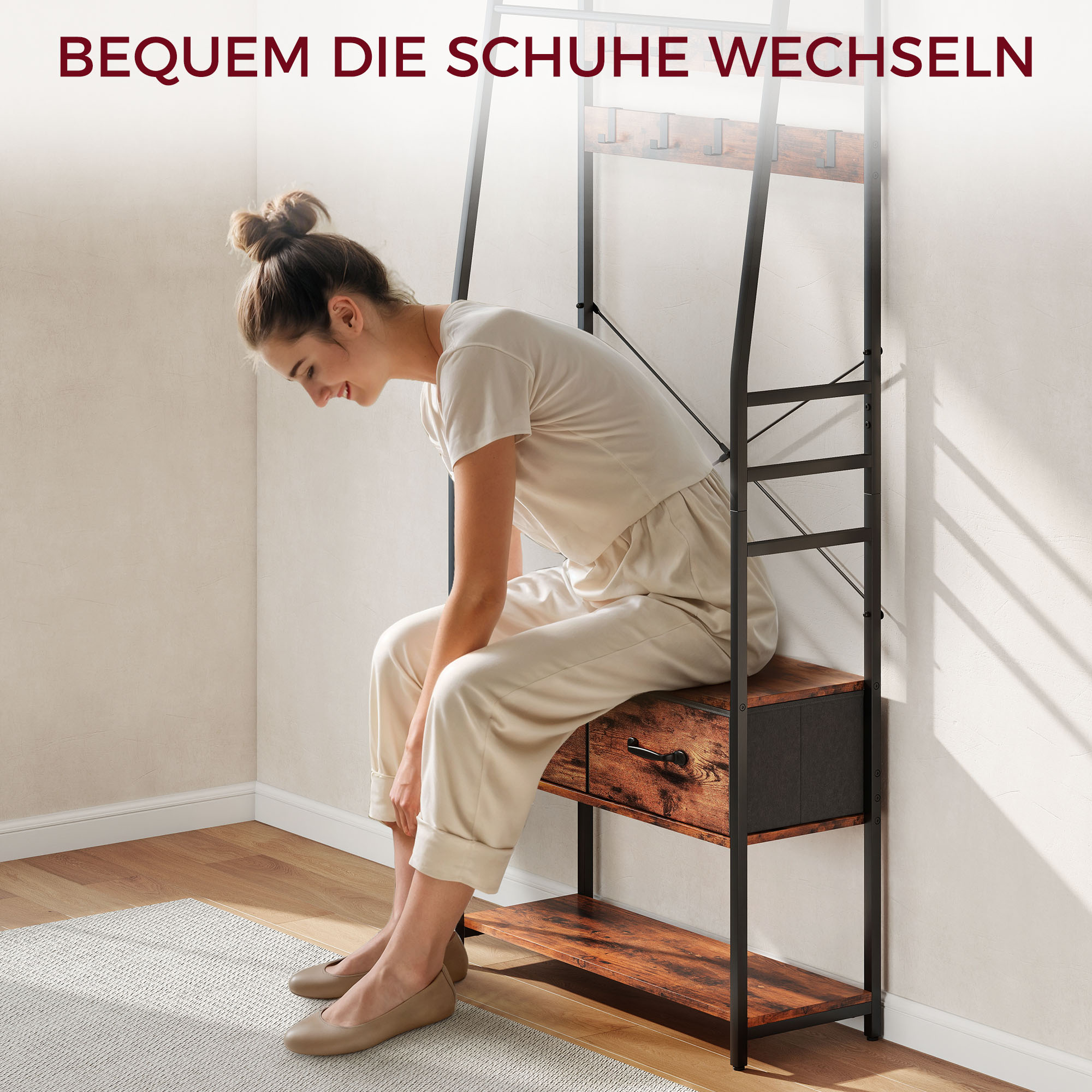 Garderobe mit Schuhregal, Mantelständer mit Sitzbank, 10 Haken, 2 Stoffschubladen, Kleiderstange, Spanplatte, Metall, Braun