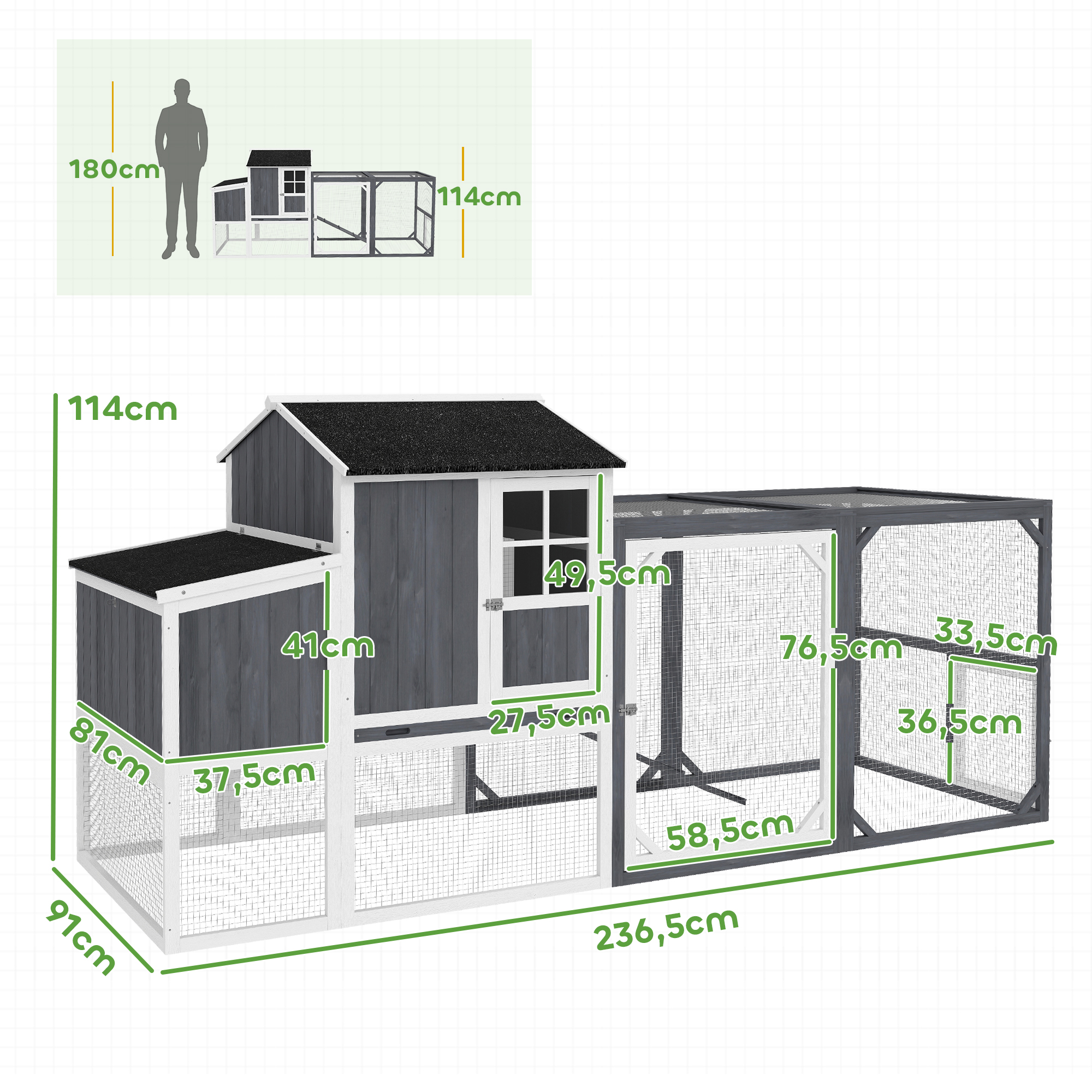 Hühnerstall mit Auslauf für 3-4 Hühner, 3-tlg, Nistkasten, 1,9 m² Fläche, Tannenholz, Grau